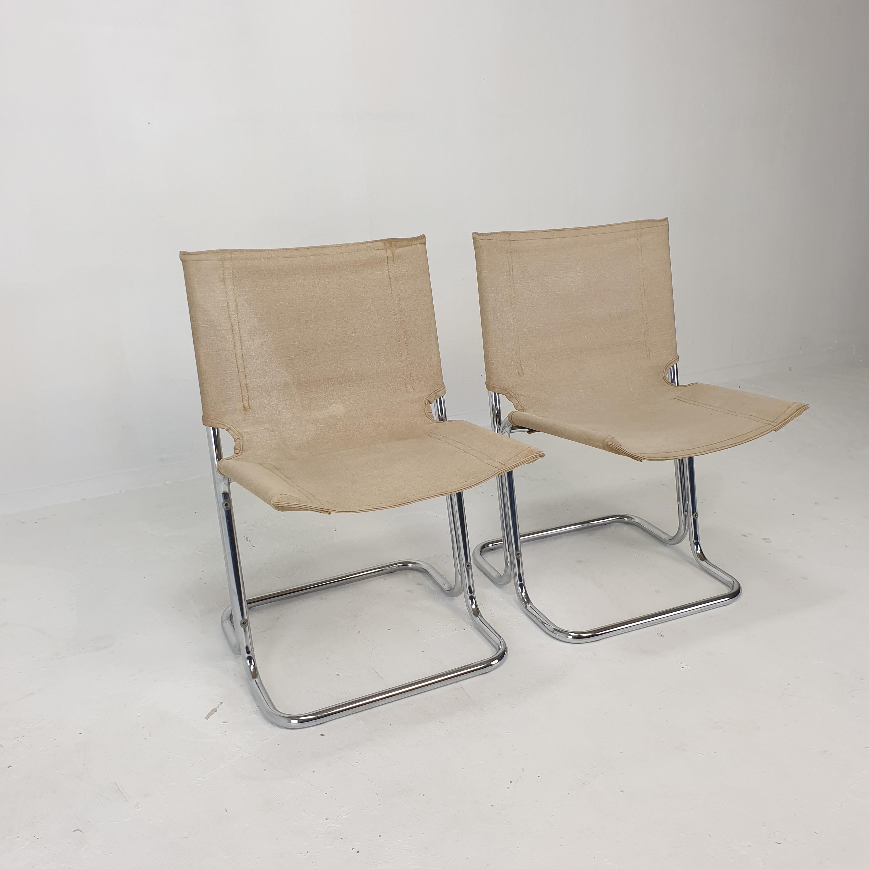 Set of 2 Italian Canvas and Chromed Metal Chairs, 1970's In Good Condition For Sale In Oud Beijerland, NL
