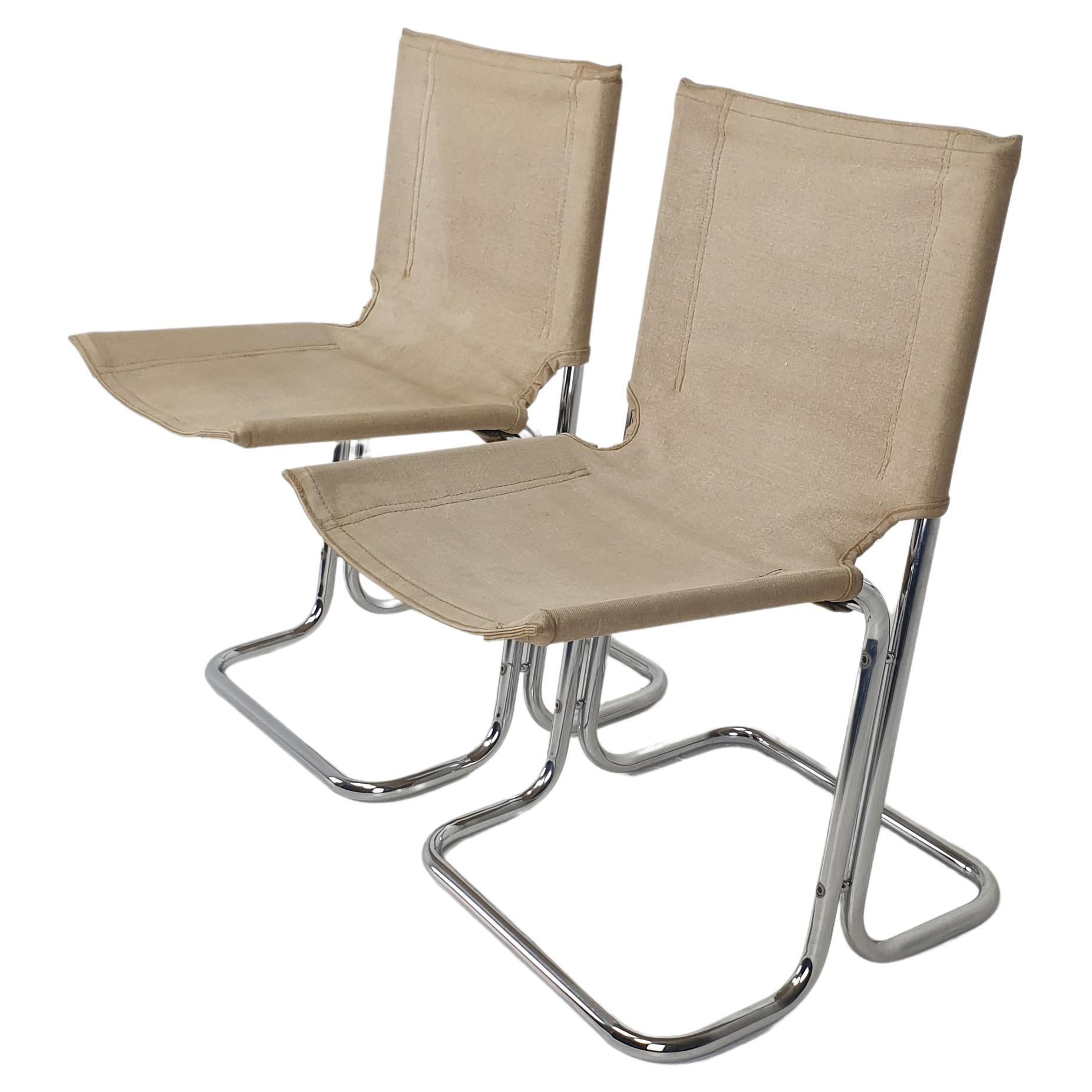 Set of 2 Italian Canvas and Chromed Metal Chairs, 1970's For Sale