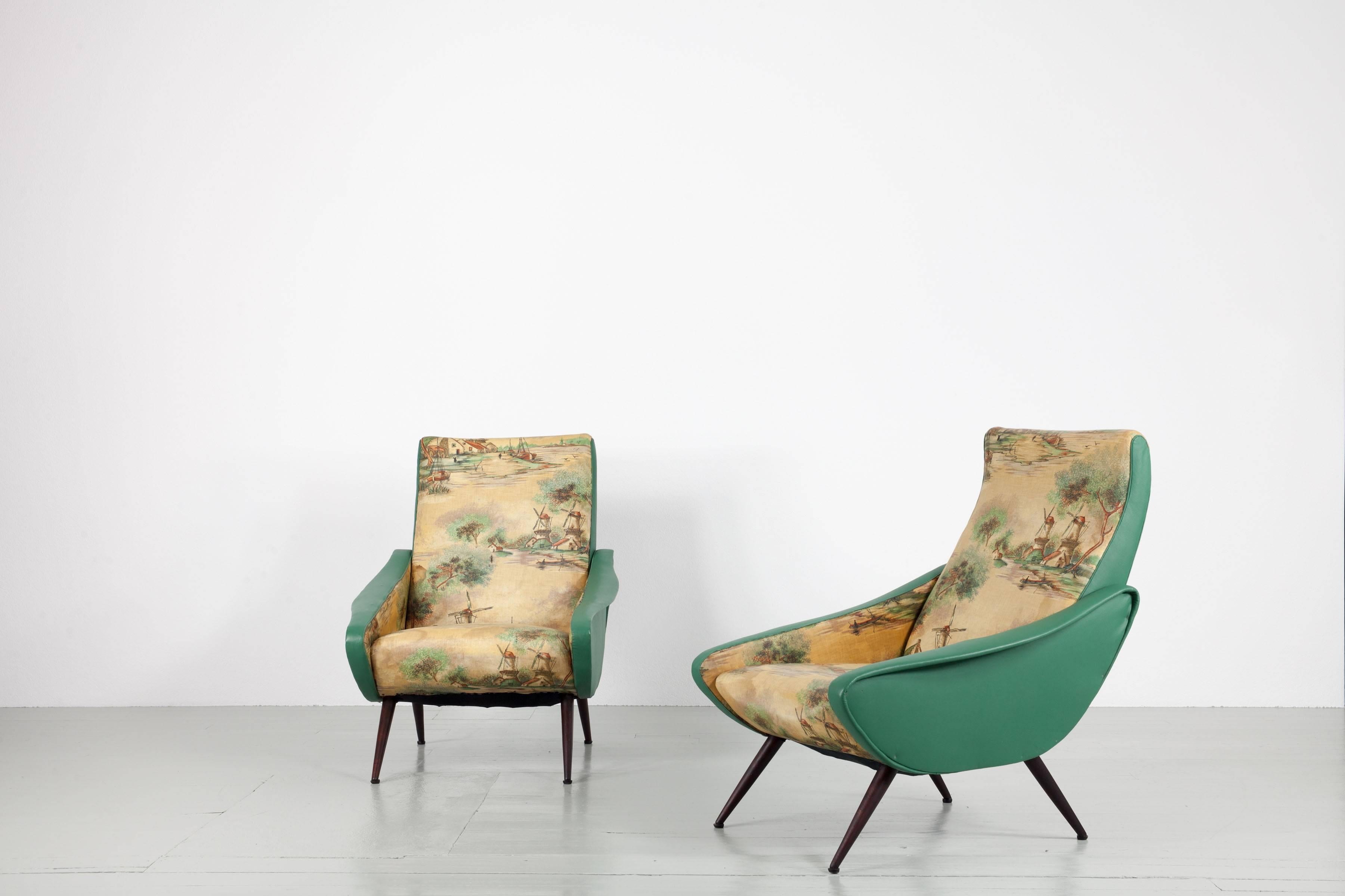 Set of 2 Italian Chairs, Two-Tone Cover, Turquoise and Landscape Motive, 1950s For Sale 4