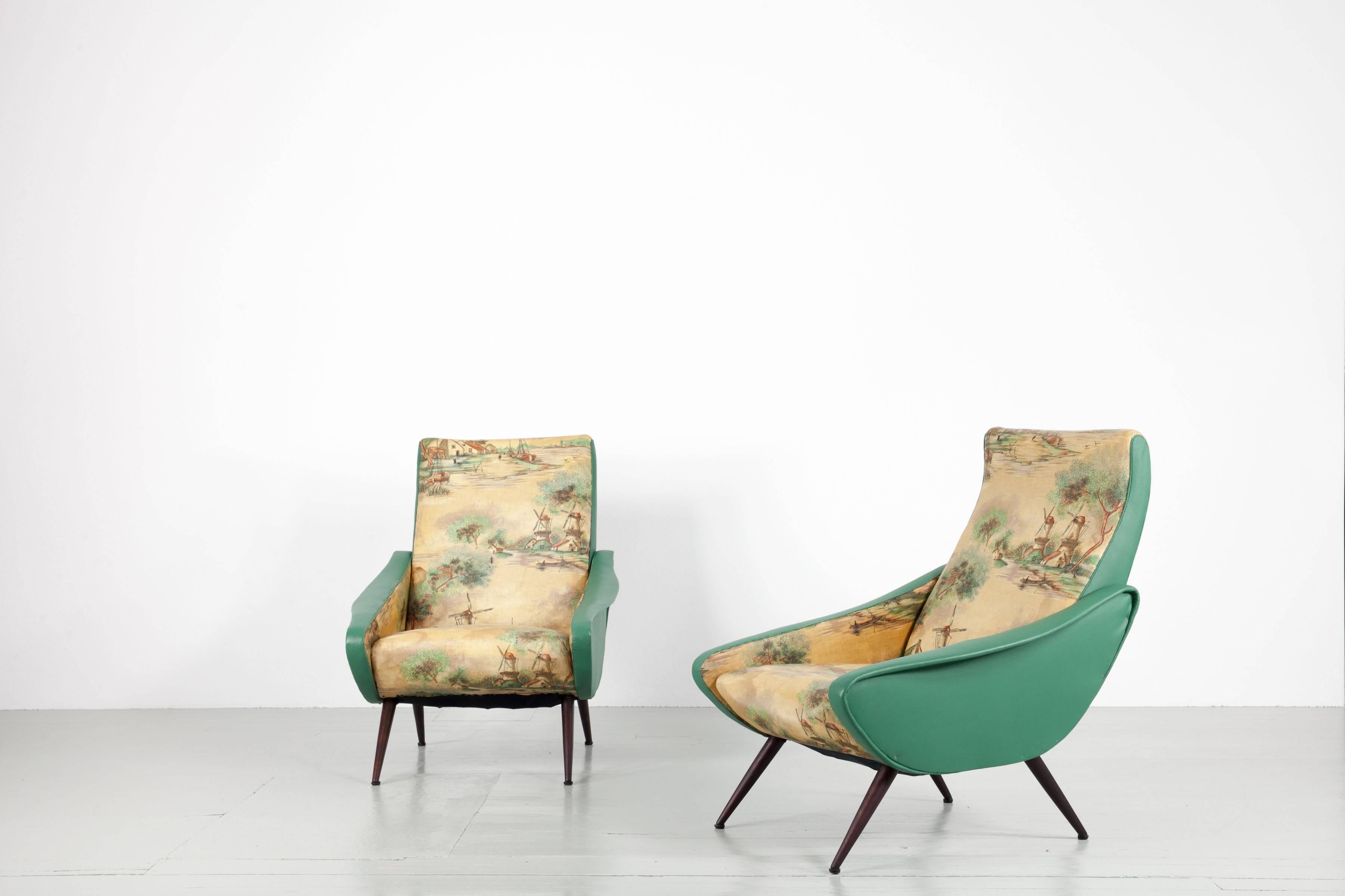 Set of 2 Italian Chairs, Two-Tone Cover, Turquoise and Landscape Motive, 1950s For Sale 5