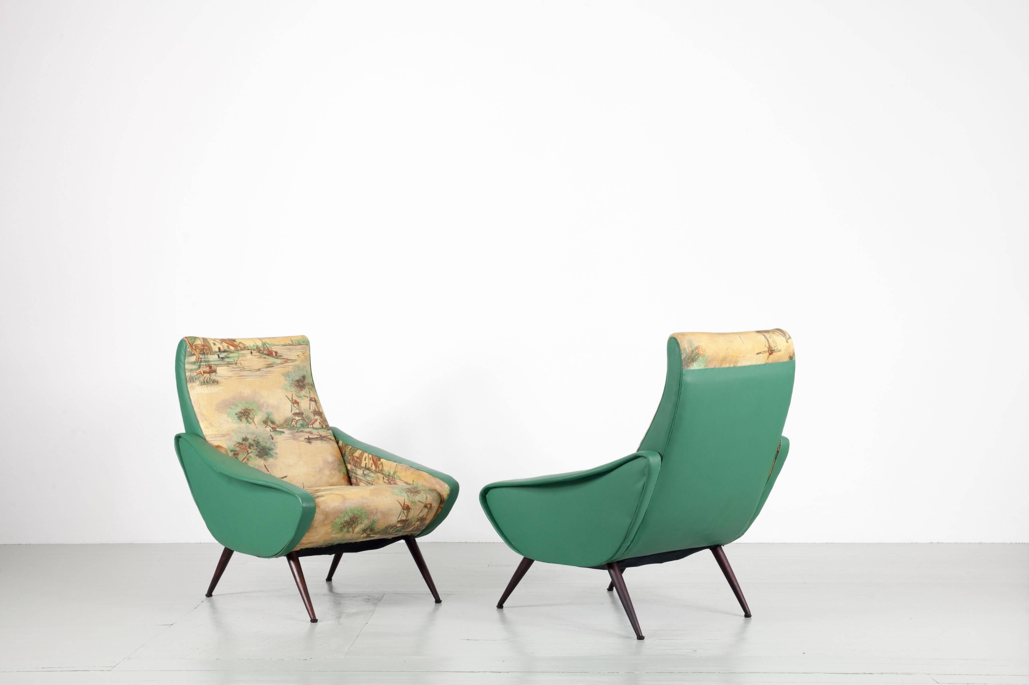 Set of 2 Italian Chairs, Two-Tone Cover, Turquoise and Landscape Motive, 1950s For Sale 6
