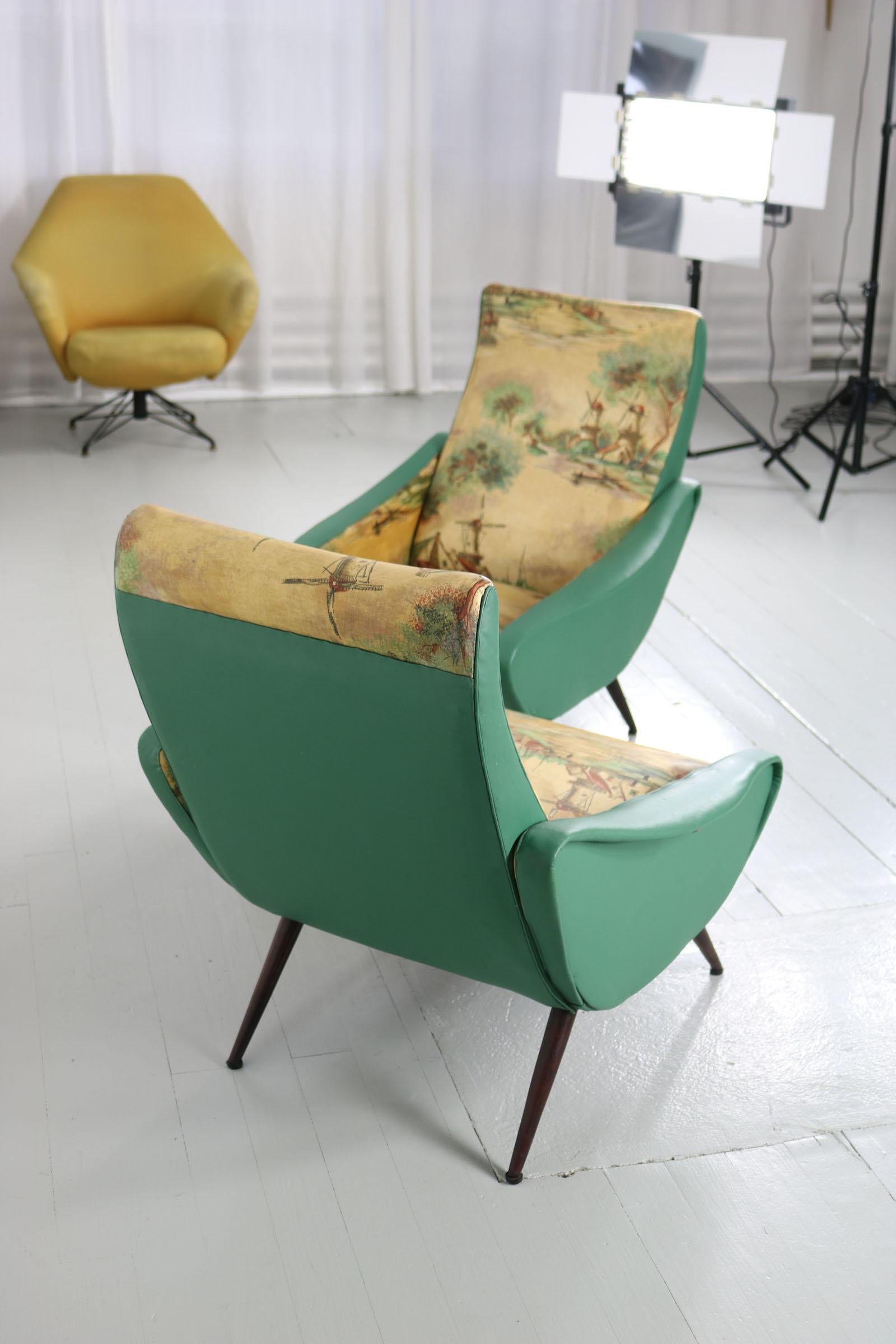Set of 2 Italian Chairs, Two-Tone Cover, Turquoise and Landscape Motive, 1950s For Sale 14