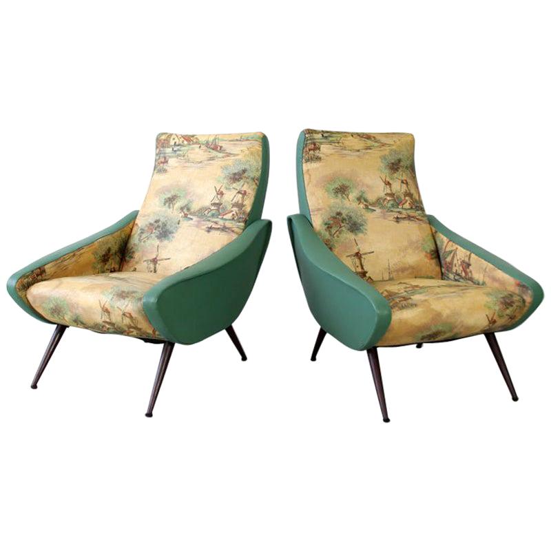Set of 2 Italian Chairs, Two-Tone Cover, Turquoise and Landscape Motive, 1950s