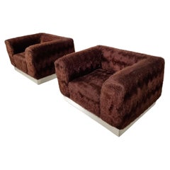 Set of 2 Italian Chrome Plated Lounge Chairs with Faux Fur, 1970s