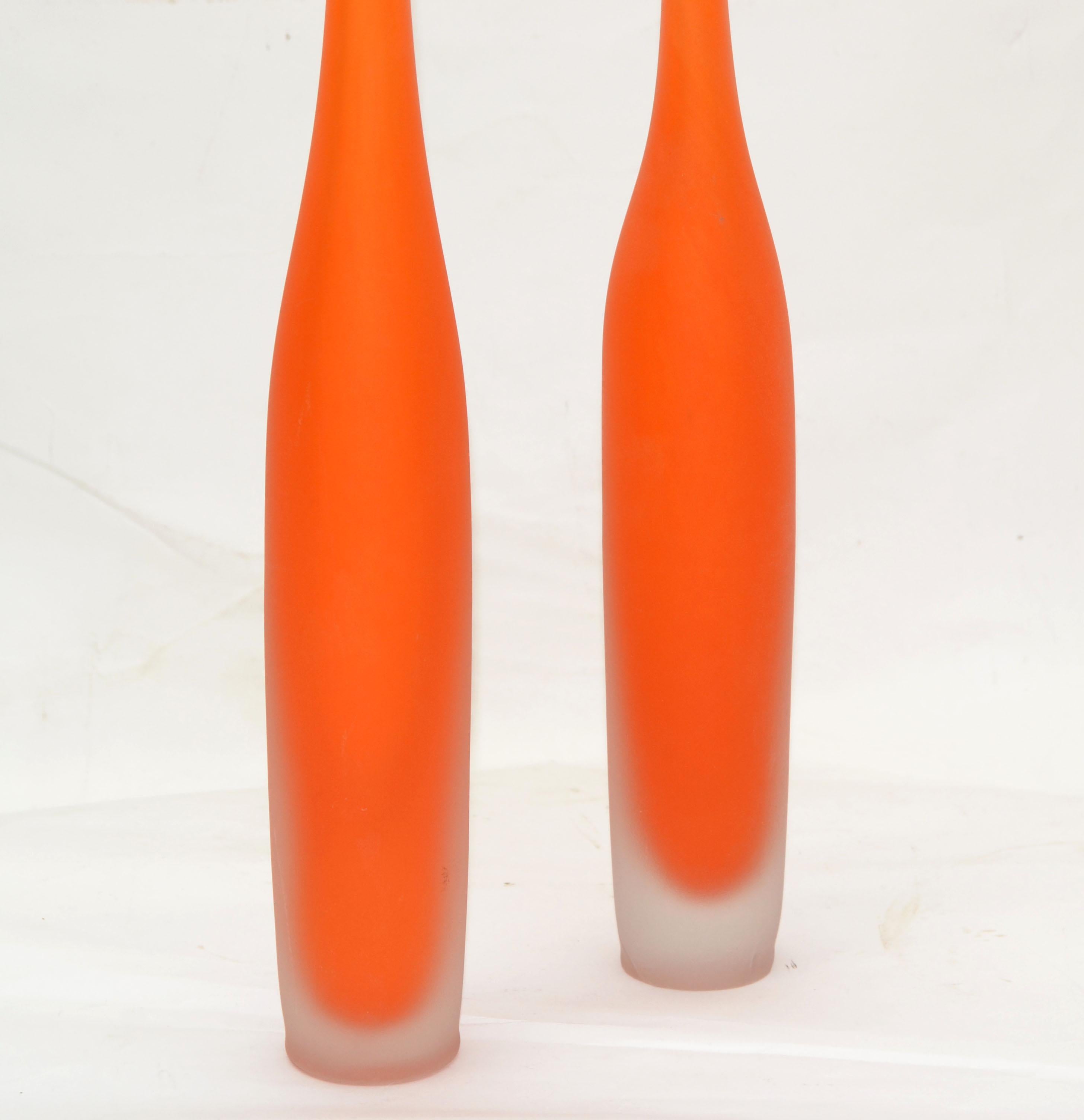 Set of 2 Italian Orange Scavo Glass Wheat Vases, Vessel Mid-Century Modern 1980 For Sale 4