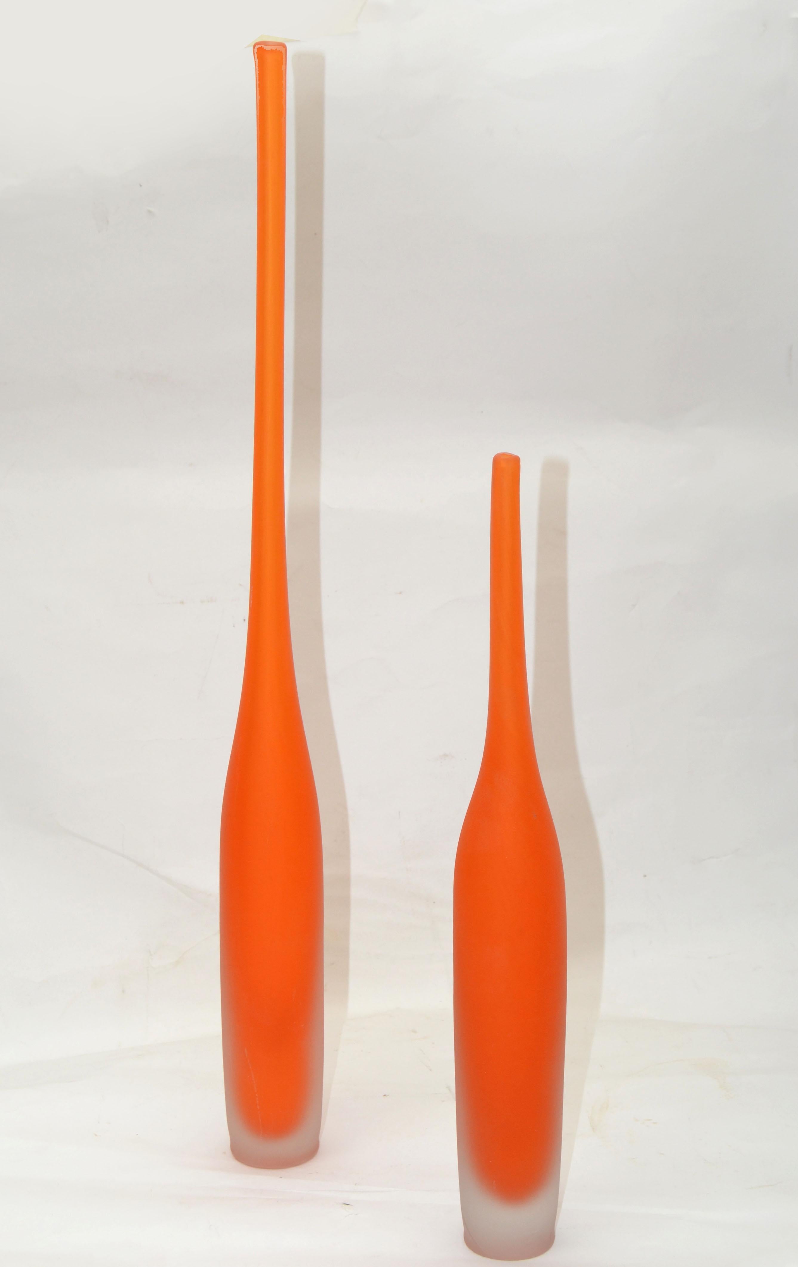 Set of 2 Italian Orange Scavo Glass Wheat Vases, Vessel Mid-Century Modern 1980 For Sale 5