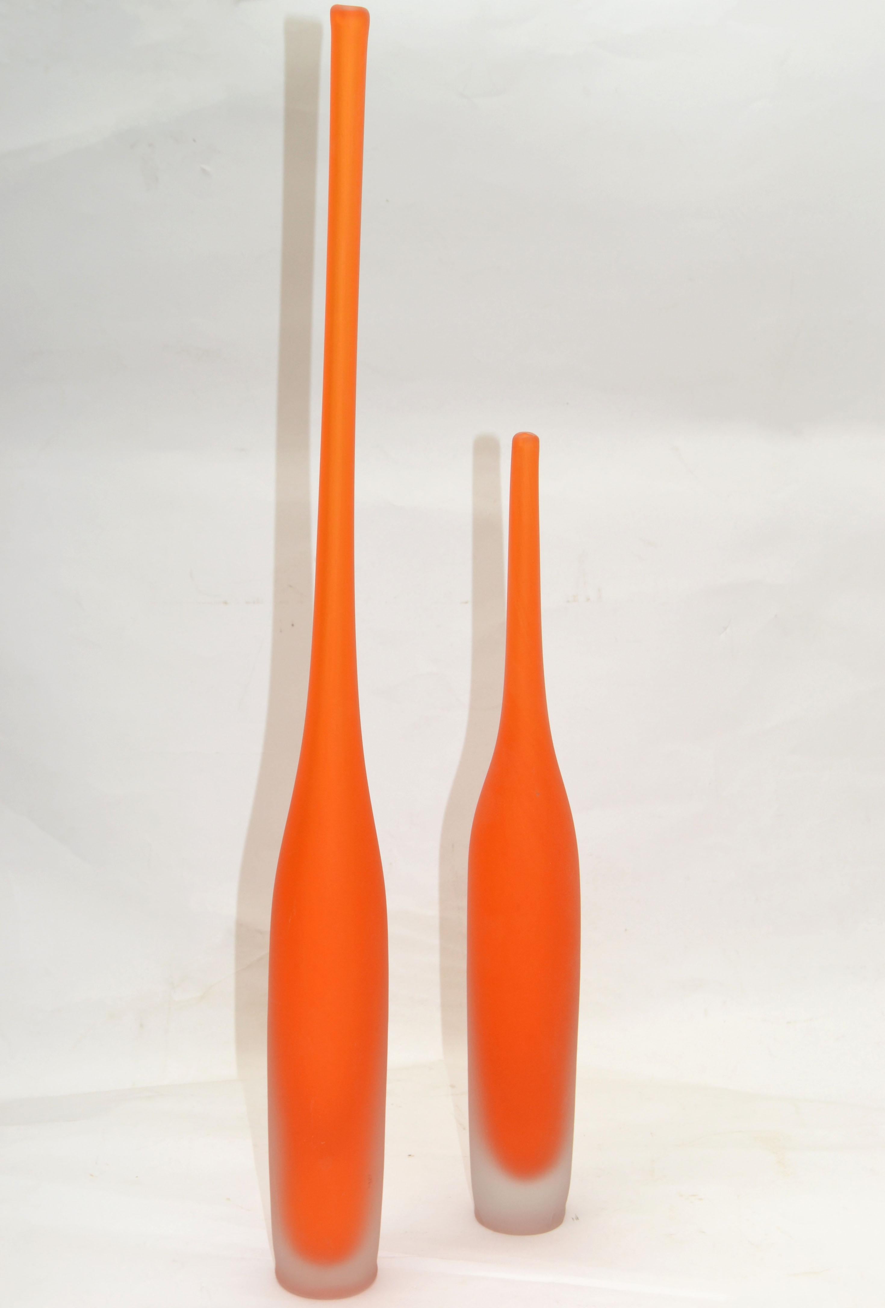 Set of Orange Scavo Glass Murano Art Glass Bud vases, vessel, decanter Mid-Century Modern made in Italy in 1980.
Smaller Vase measures: 16.25 inches Height.