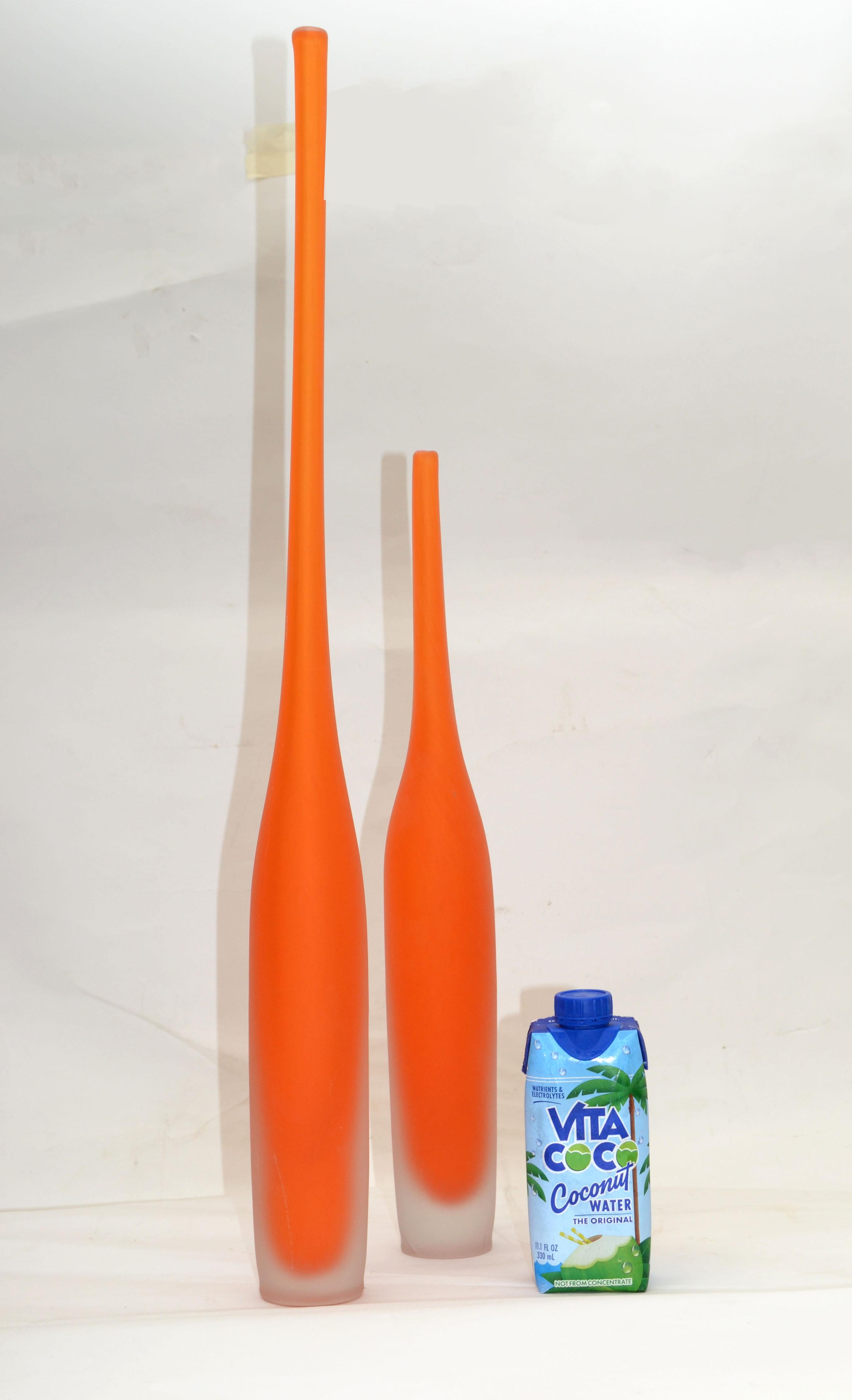 Hand-Crafted Set of 2 Italian Orange Scavo Glass Wheat Vases, Vessel Mid-Century Modern 1980 For Sale