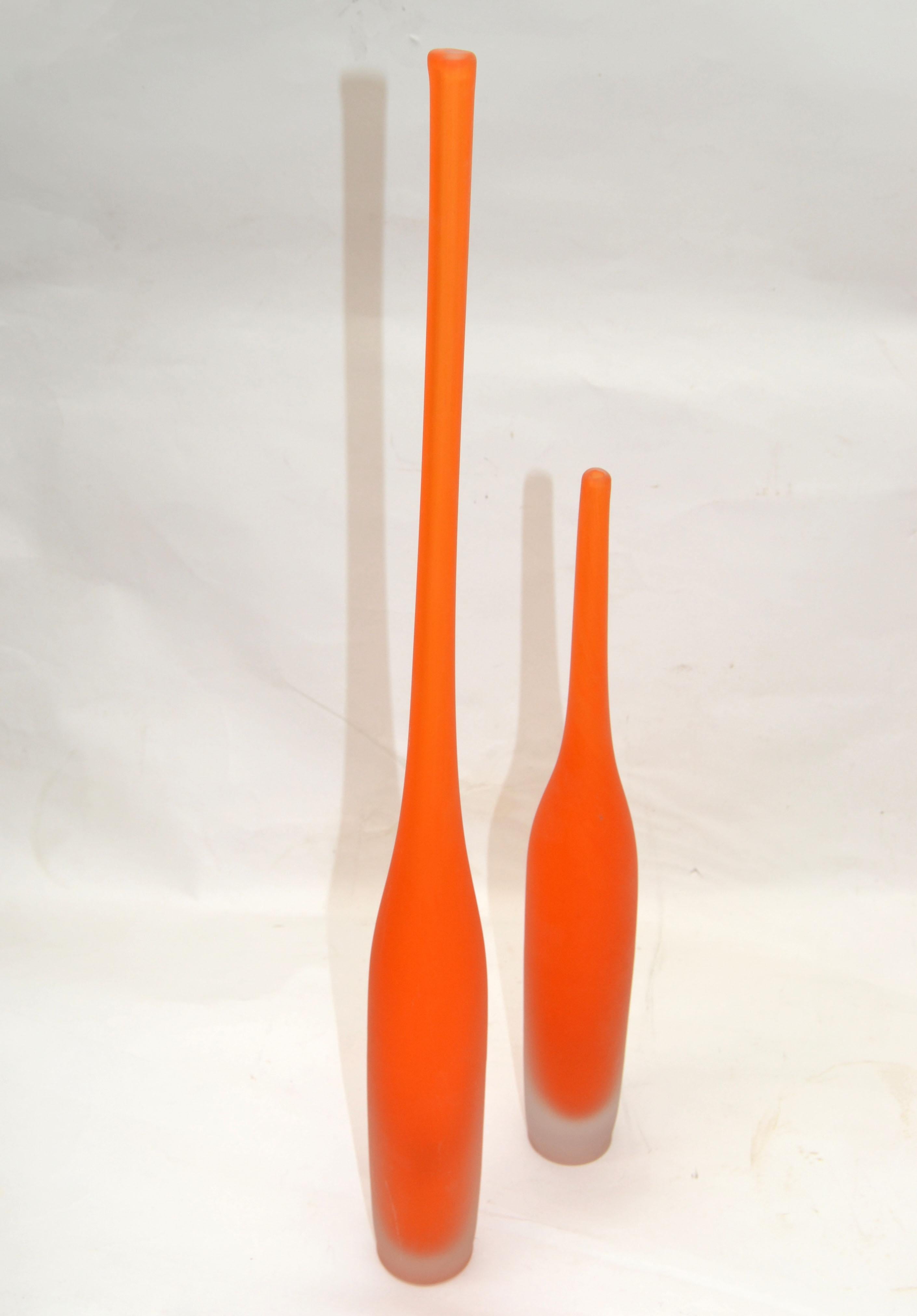Late 20th Century Set of 2 Italian Orange Scavo Glass Wheat Vases, Vessel Mid-Century Modern 1980 For Sale