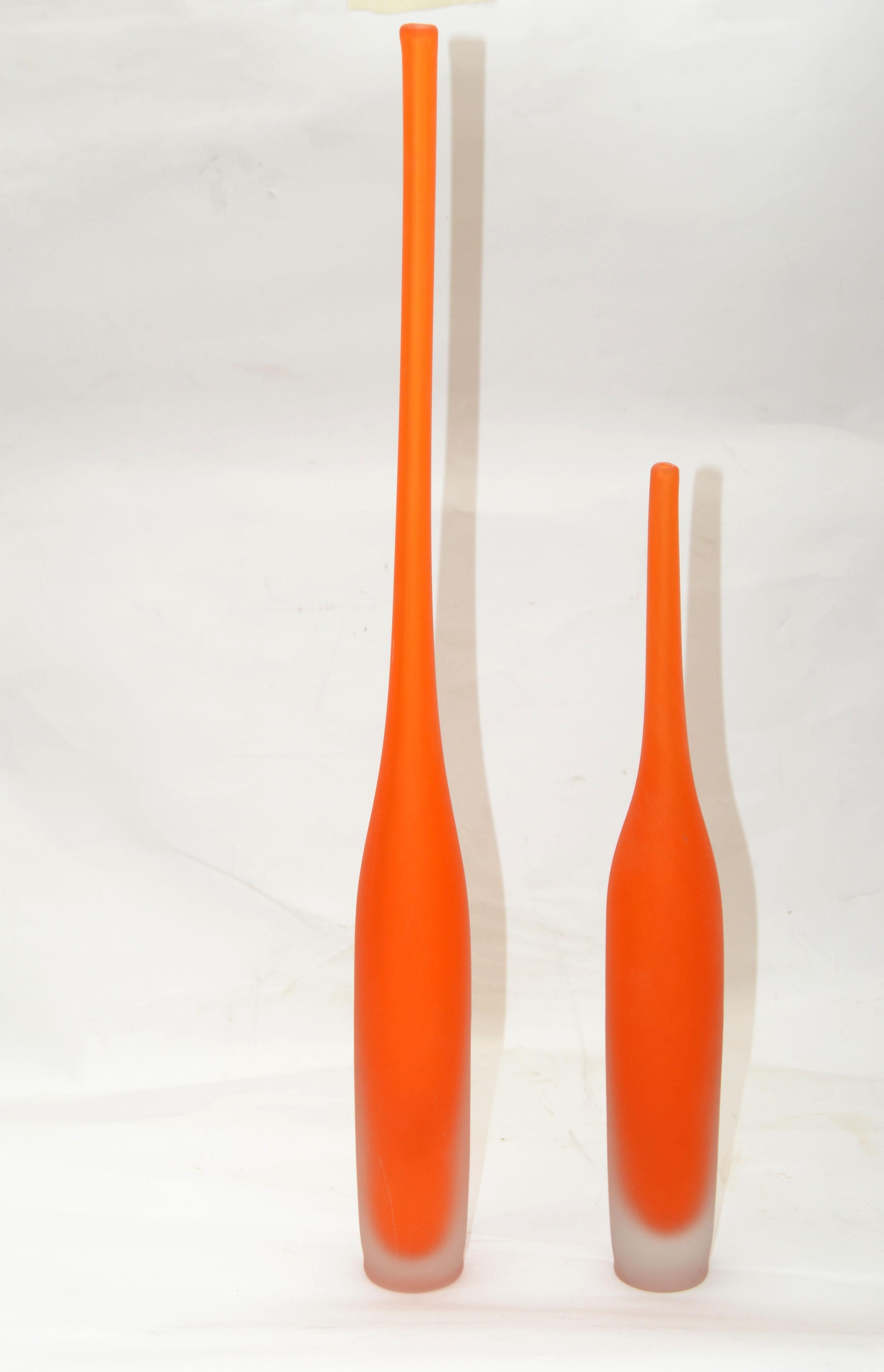 Murano Glass Set of 2 Italian Orange Scavo Glass Wheat Vases, Vessel Mid-Century Modern 1980 For Sale