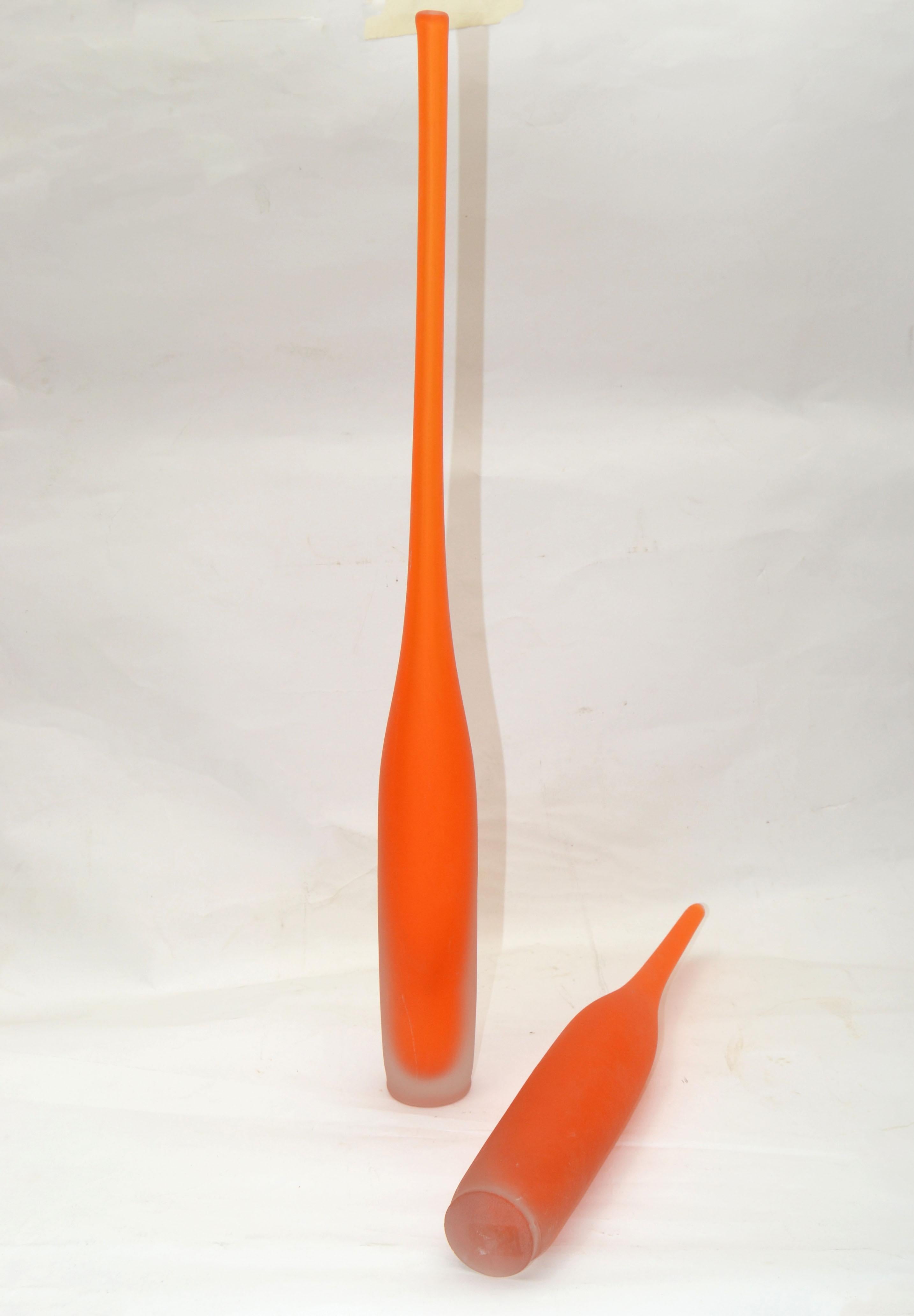 Set of 2 Italian Orange Scavo Glass Wheat Vases, Vessel Mid-Century Modern 1980 For Sale 1