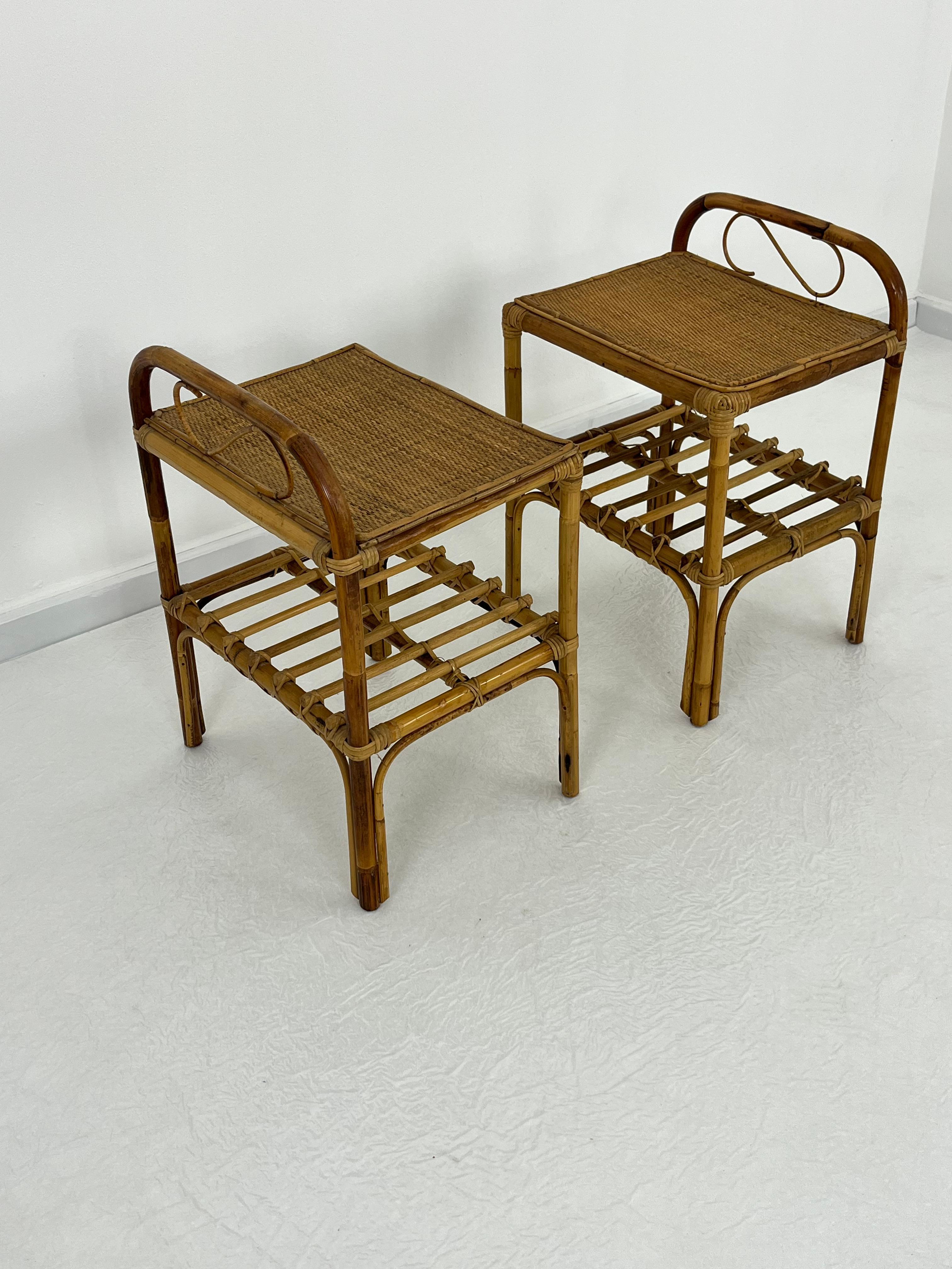 Bambù Set di 2 comodini italiani in rattan e bambù, anni '60 in vendita