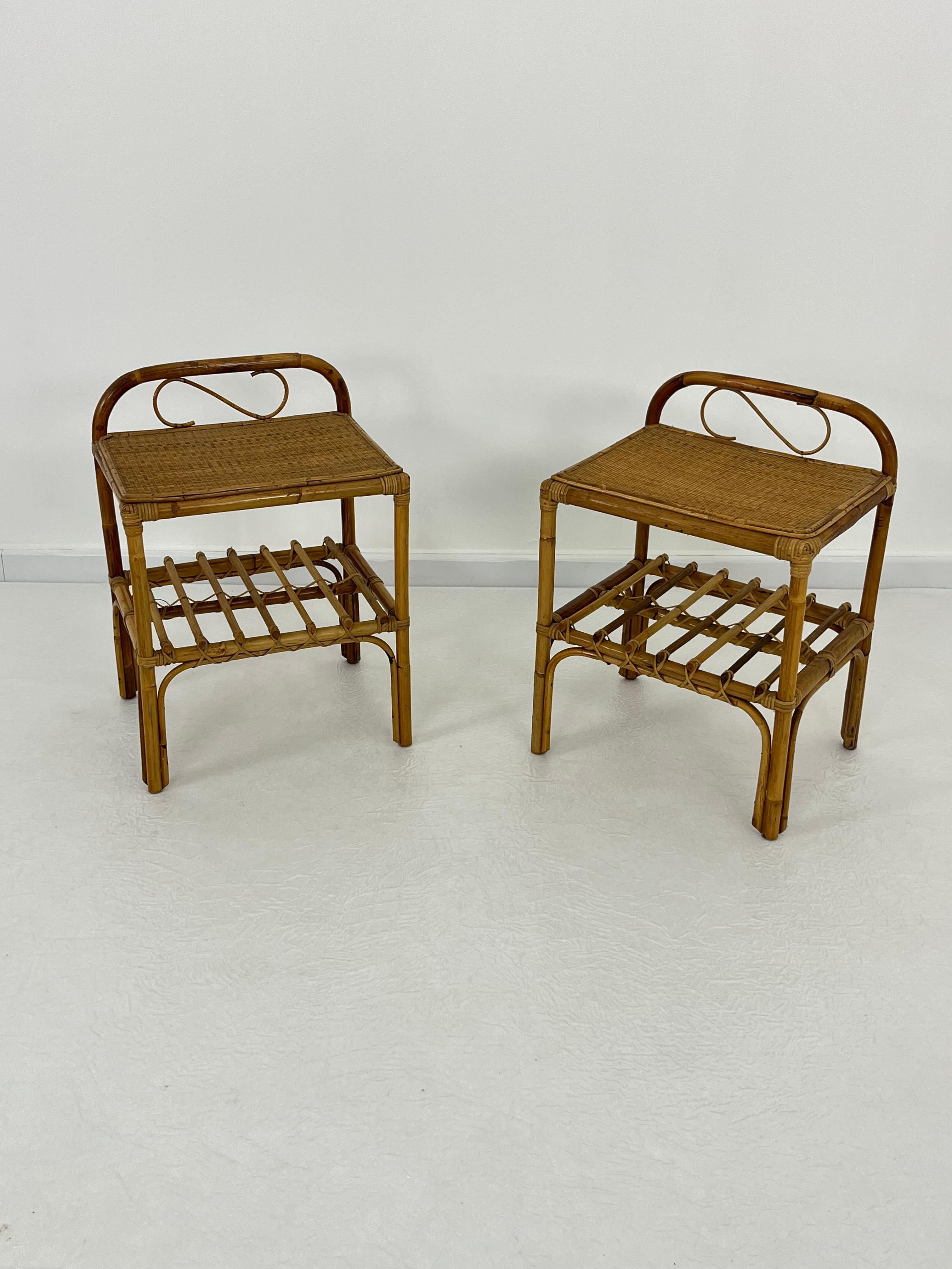 Set di 2 comodini italiani in rattan e bambù, anni '60 in vendita 2