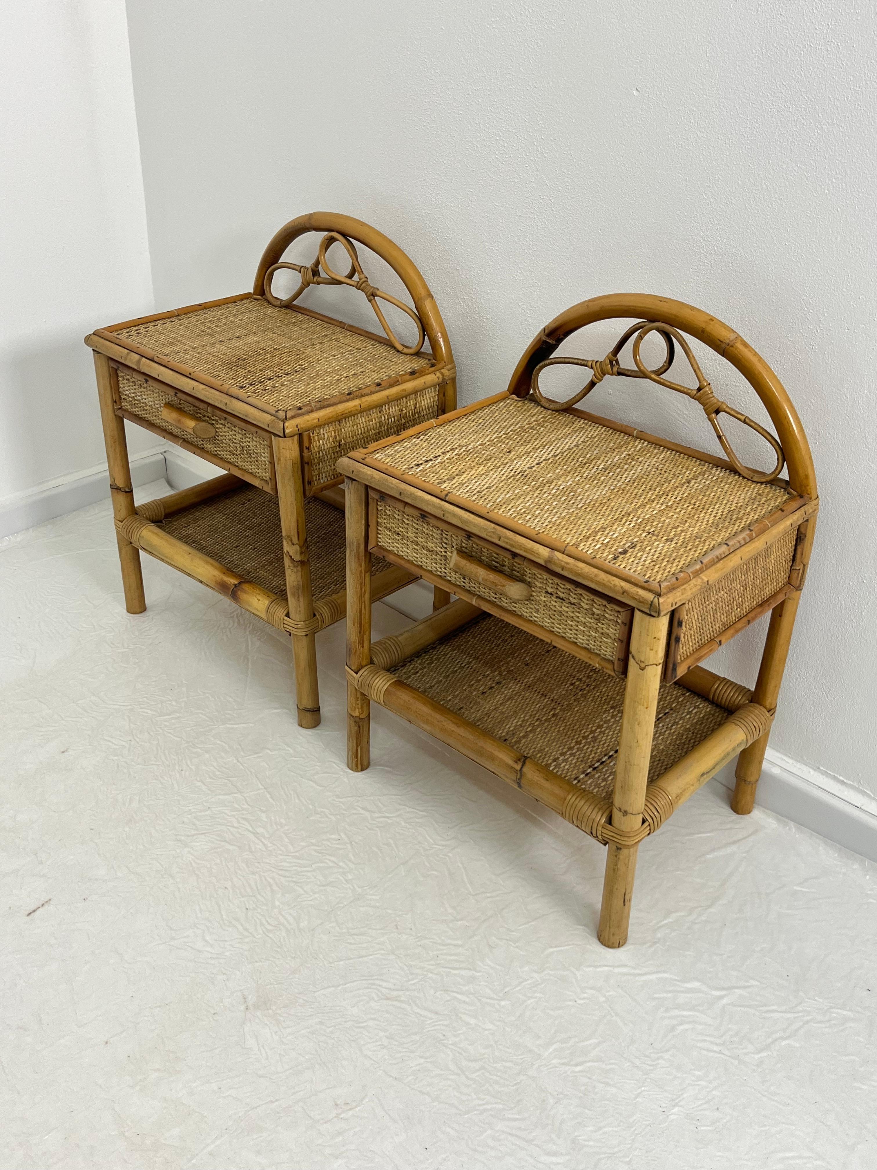 Set of 2 Italian Rattan and Bamboo Nightstands, 1970s en vente 5