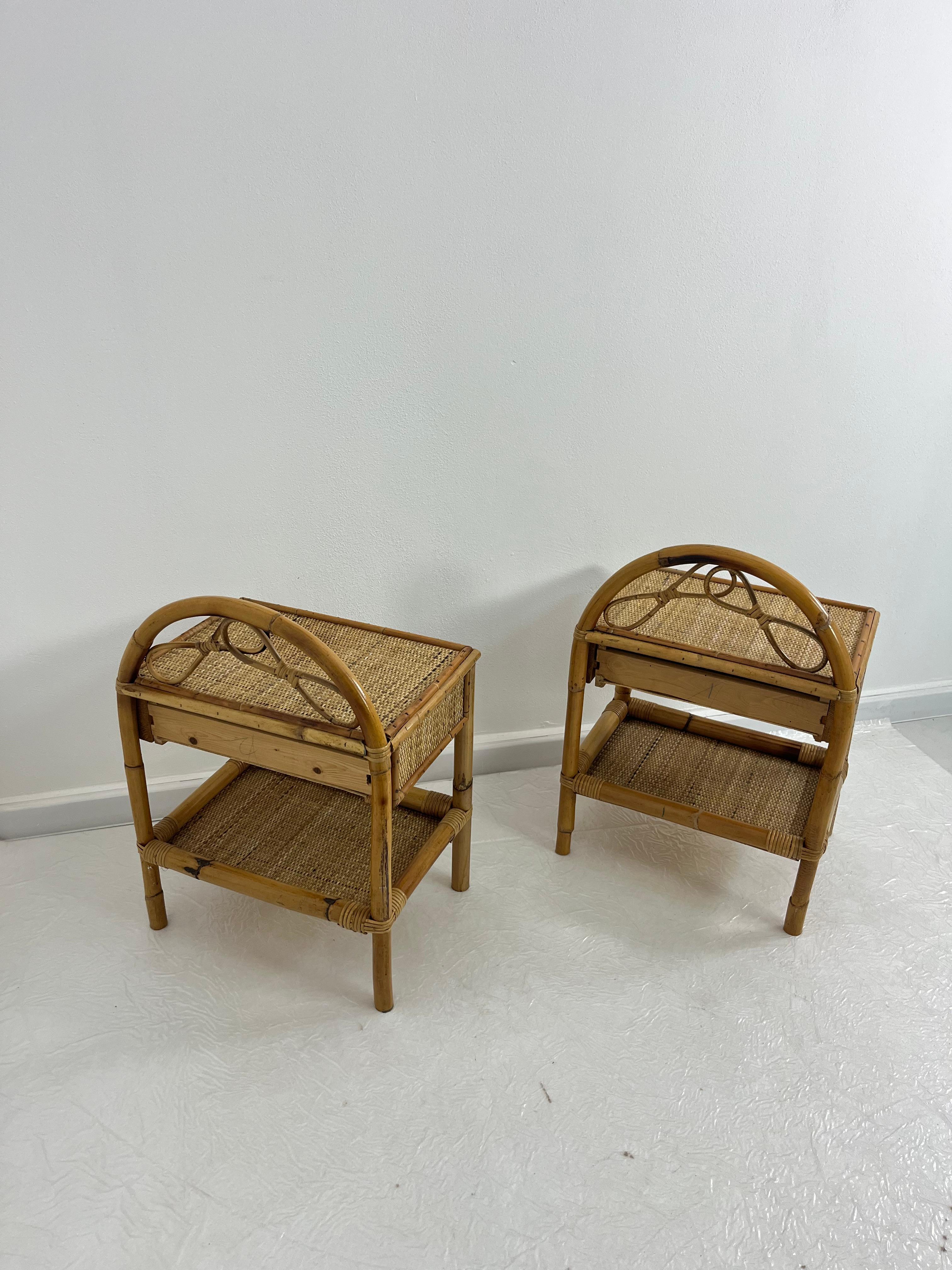 Set of 2 Italian Rattan and Bamboo Nightstands, 1970s Excellent état - En vente à Palermo, IT