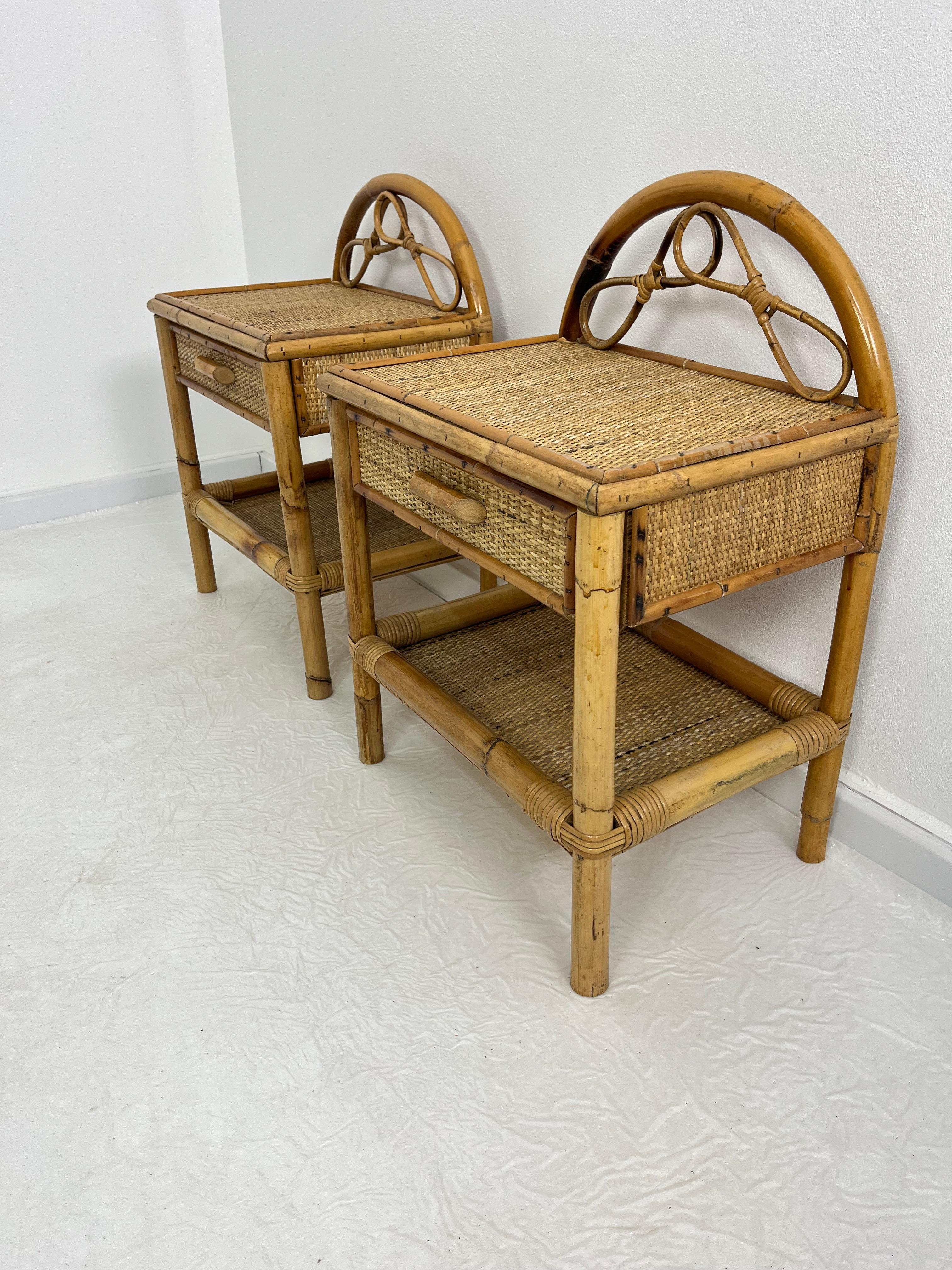 Bambou Set of 2 Italian Rattan and Bamboo Nightstands, 1970s en vente