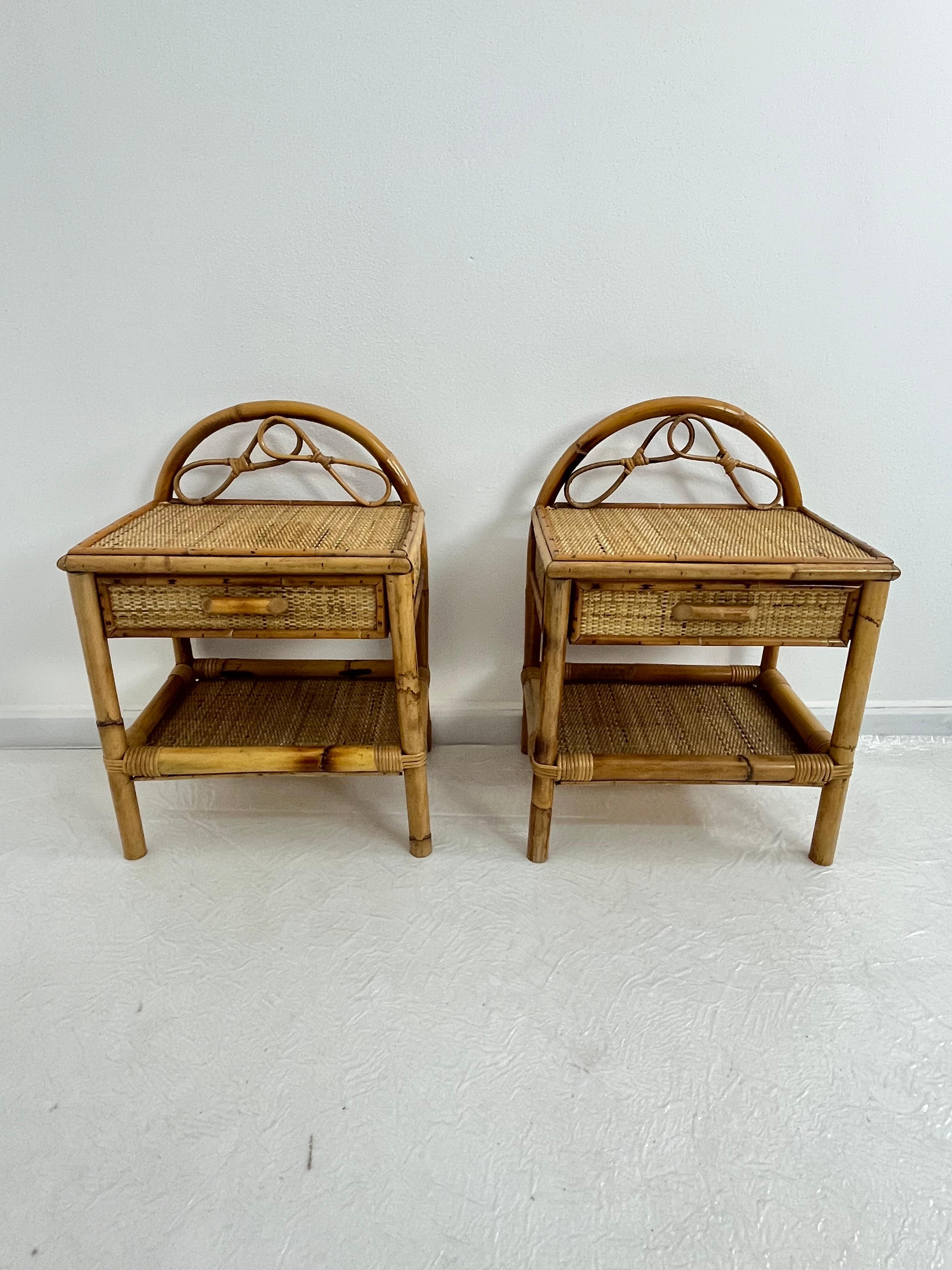 Set of 2 Italian Rattan and Bamboo Nightstands, 1970s en vente 2
