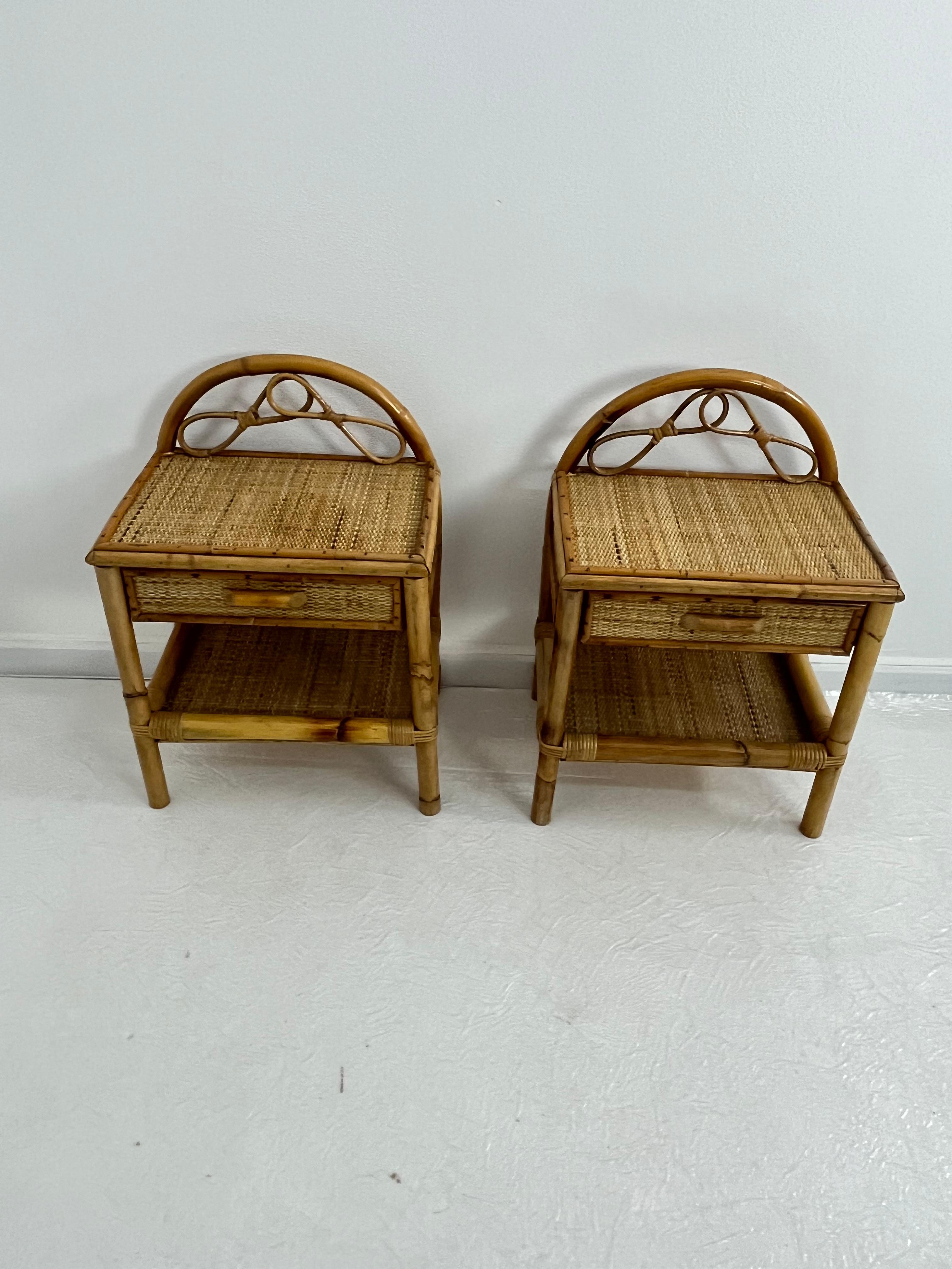 Set of 2 Italian Rattan and Bamboo Nightstands, 1970s en vente 3