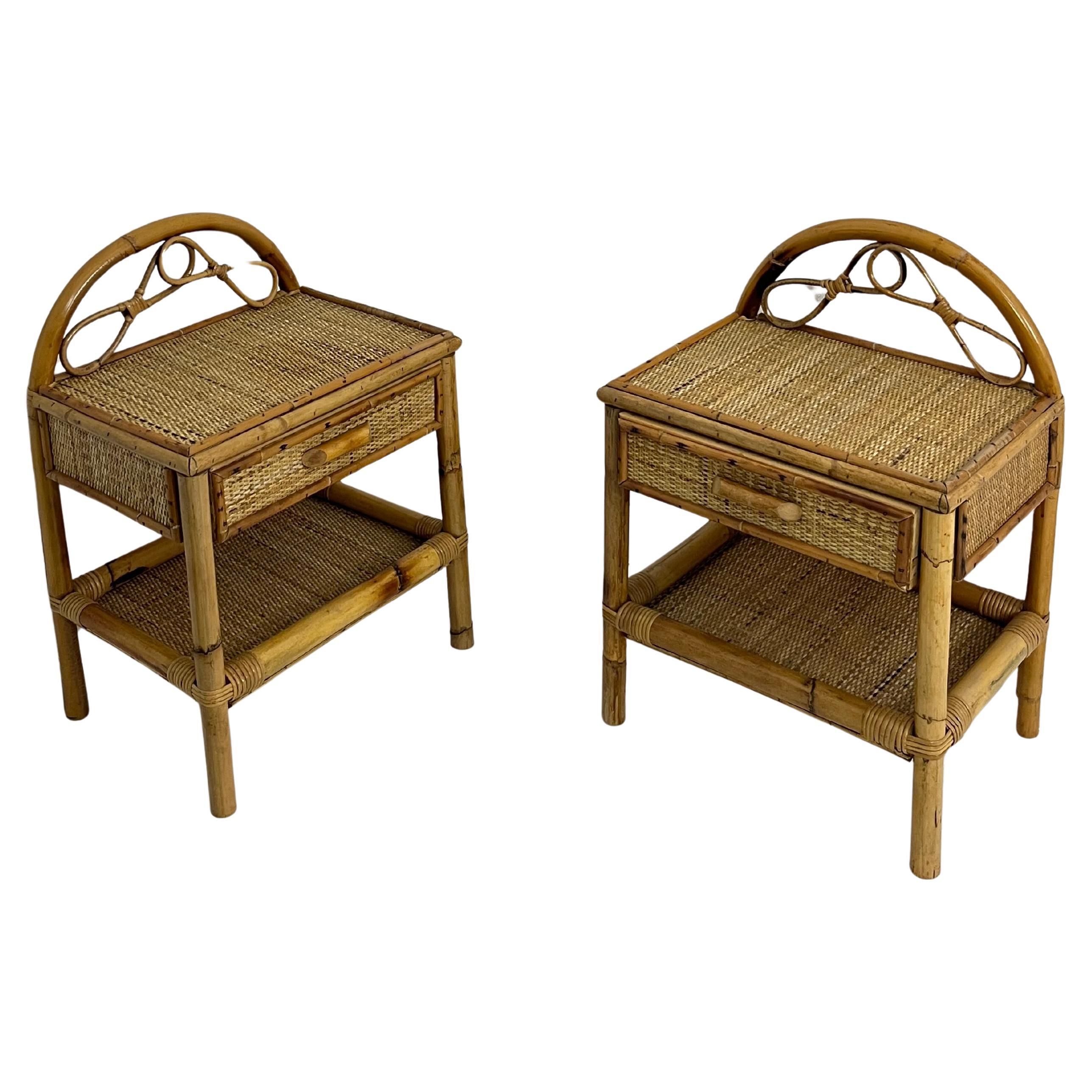 Set of 2 Italian Rattan and Bamboo Nightstands, 1970s