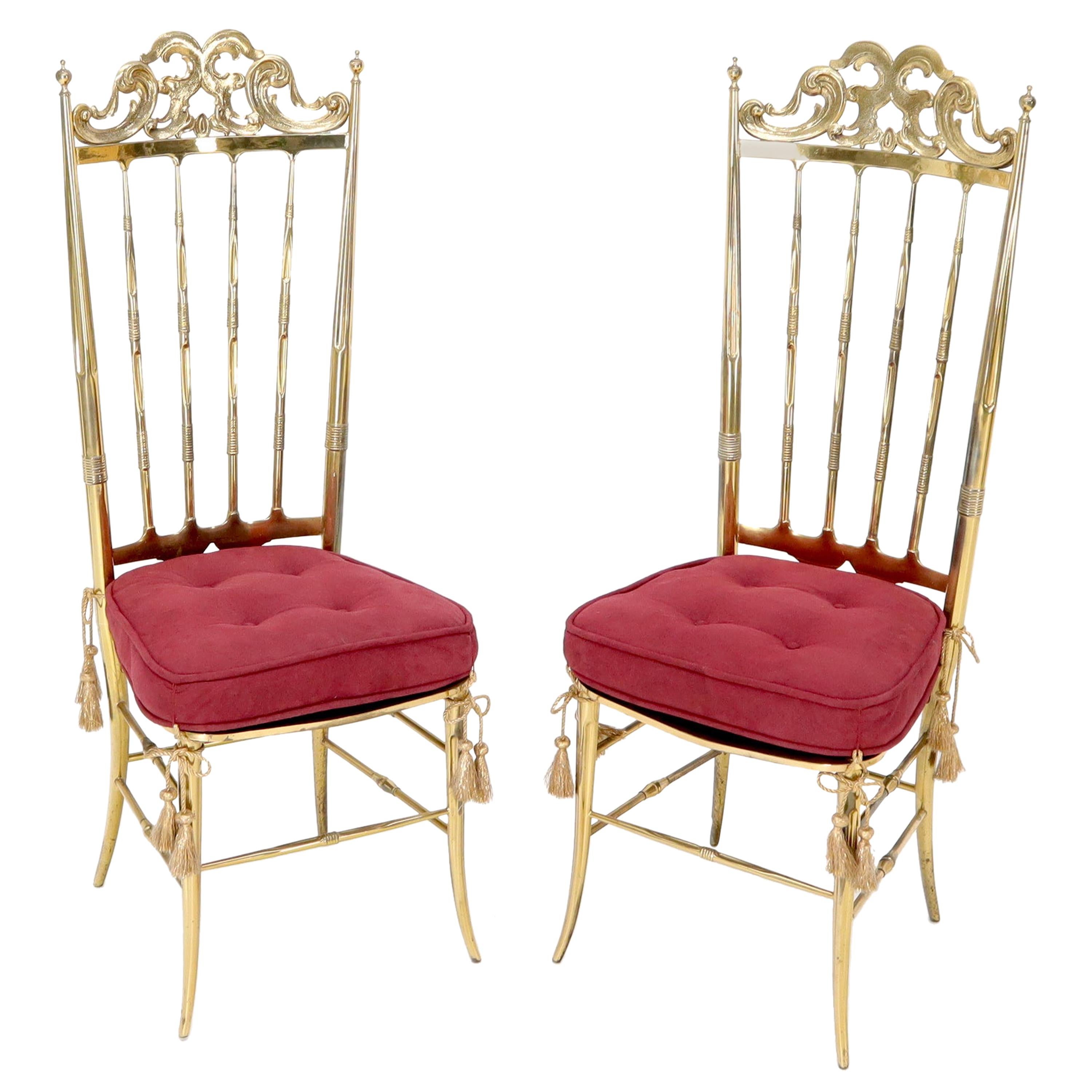 Set of 2 Italian Solid Brass Chiavari Chairs from 1950s Salmon Red Upholstery For Sale