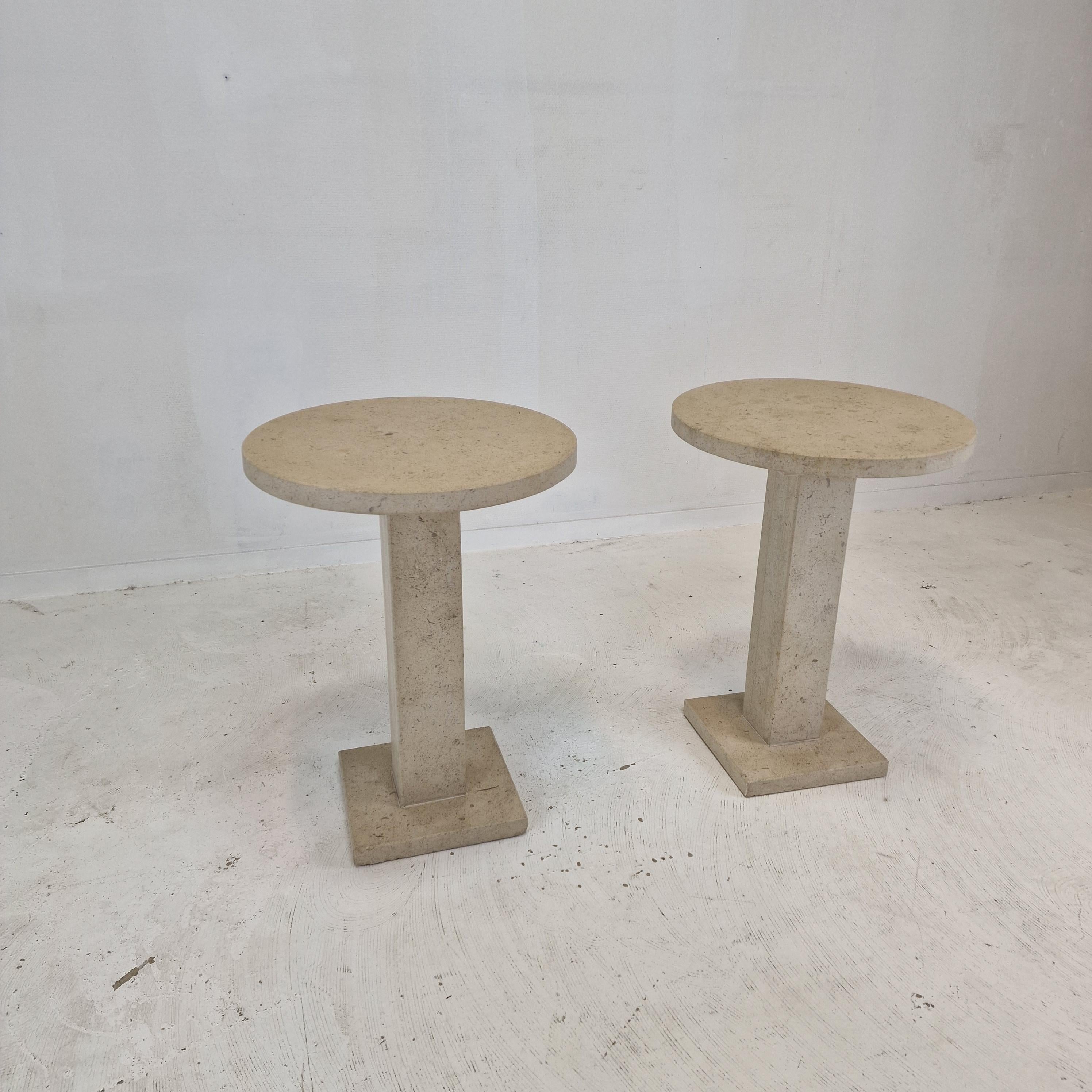 Mid-Century Modern Set of 2 Italian Travertine or Stone Pedestals or Side Tables, 1980s For Sale