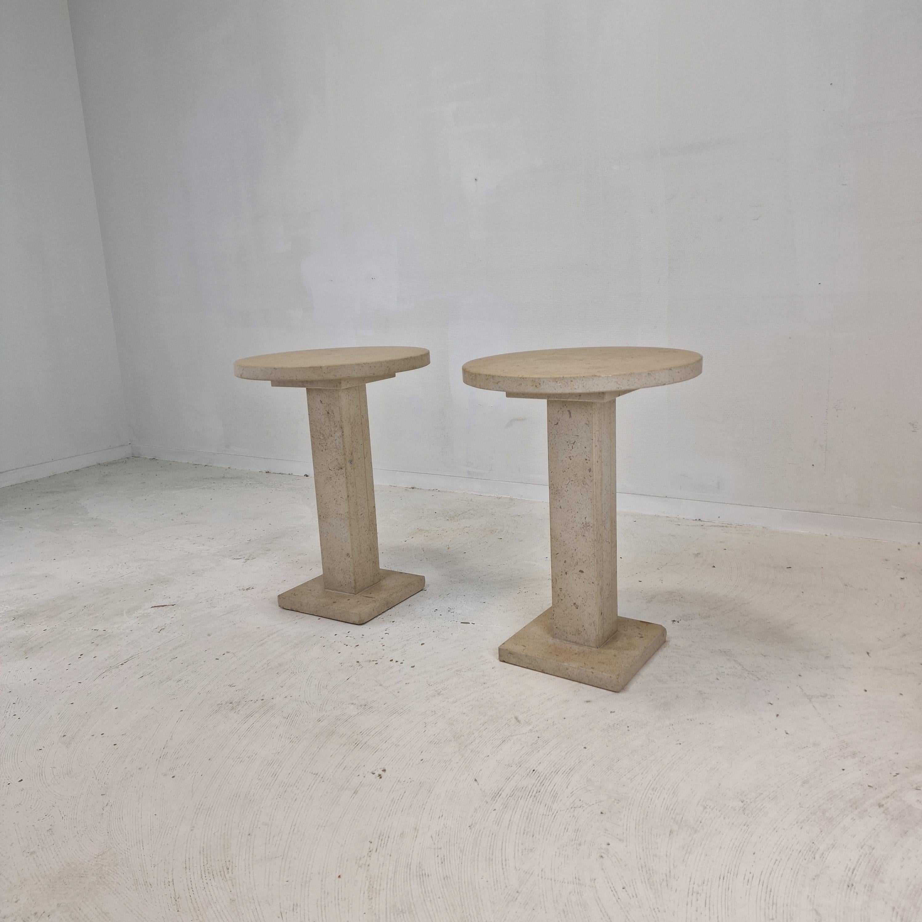 Hand-Crafted Set of 2 Italian Travertine or Stone Pedestals or Side Tables, 1980s For Sale