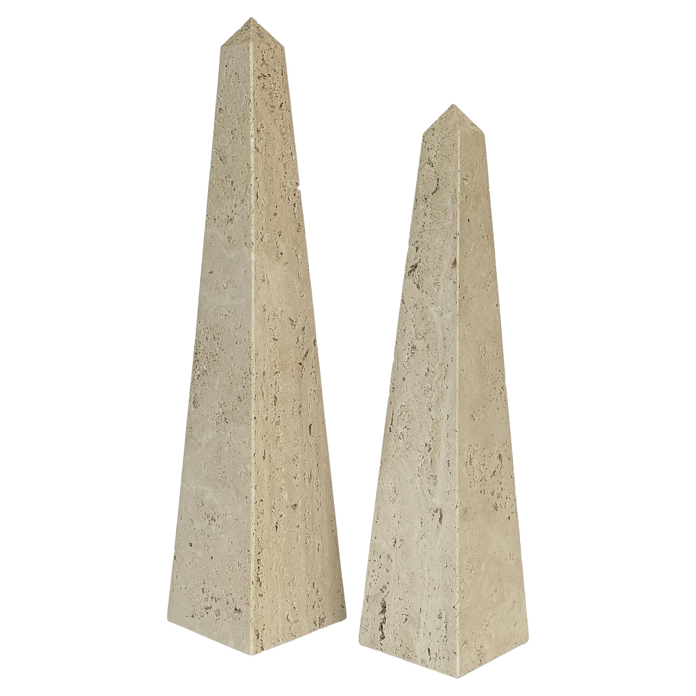 Set of 2 Italian Travertine Obelisk Sculptures For Sale