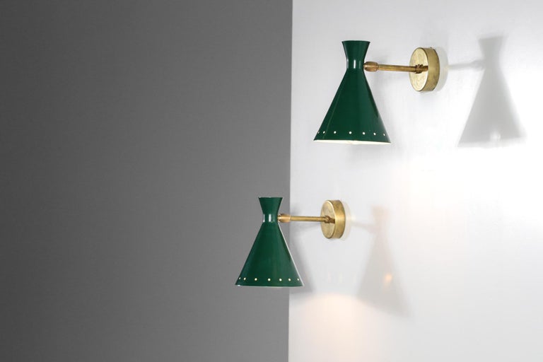 Pair of modern Italian wall lights. Also, could be used as a bedside sconces. Made with brass and painted sheet metal. Lampshade are adjustable and can light in different directions. Customers can choose color and finish brass.