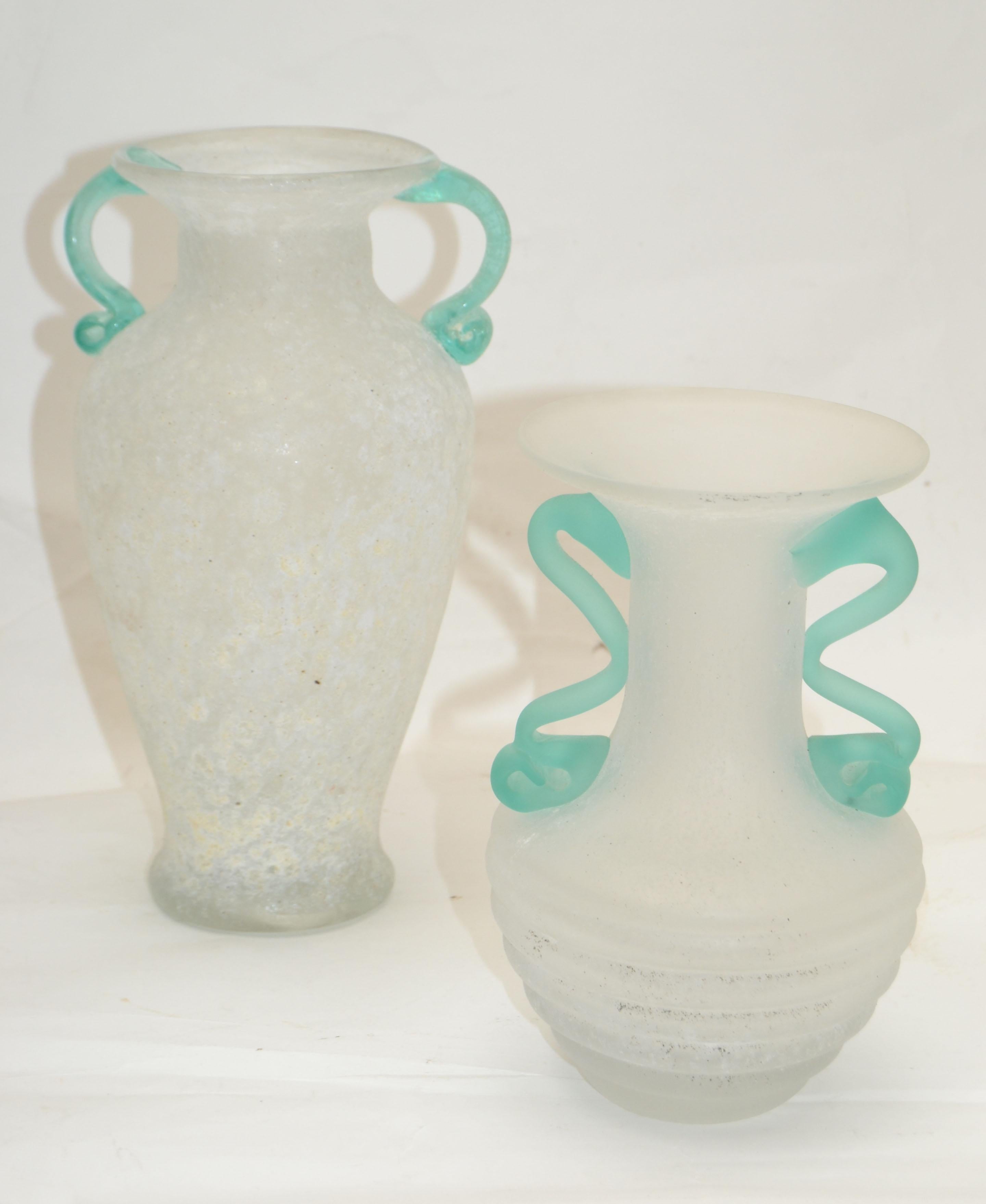 Set of 2 Italian White & Mint Green Scavo Glass Wheat Vases, Vessel, Italy 1980 For Sale 3