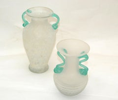 Set of 2 Italian White & Mint Green Scavo Glass Wheat Vases, Vessel, Italy 1980