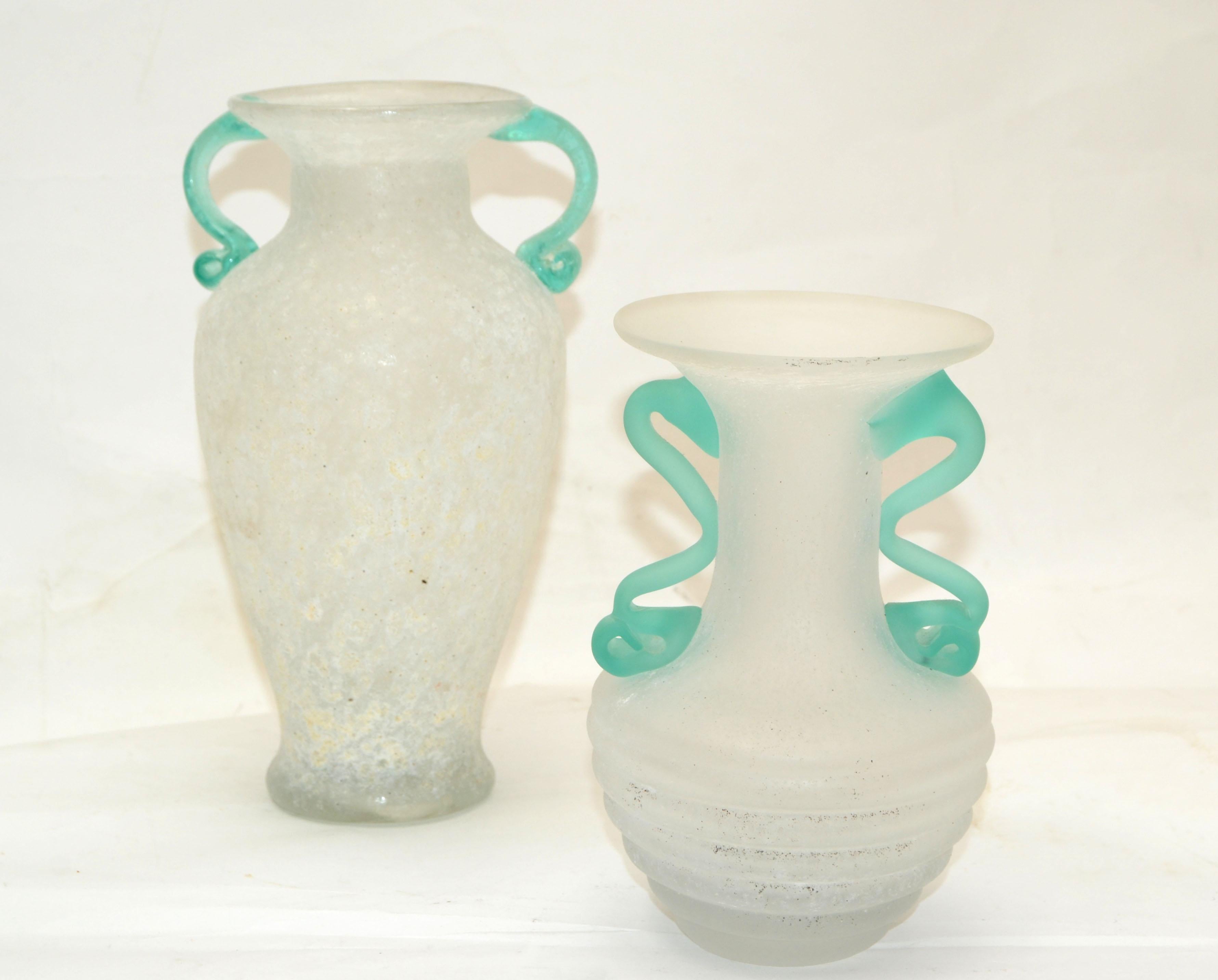 Mid-Century Modern Set of 2 Italian White & Mint Green Scavo Glass Wheat Vases, Vessel, Italy 1980 For Sale