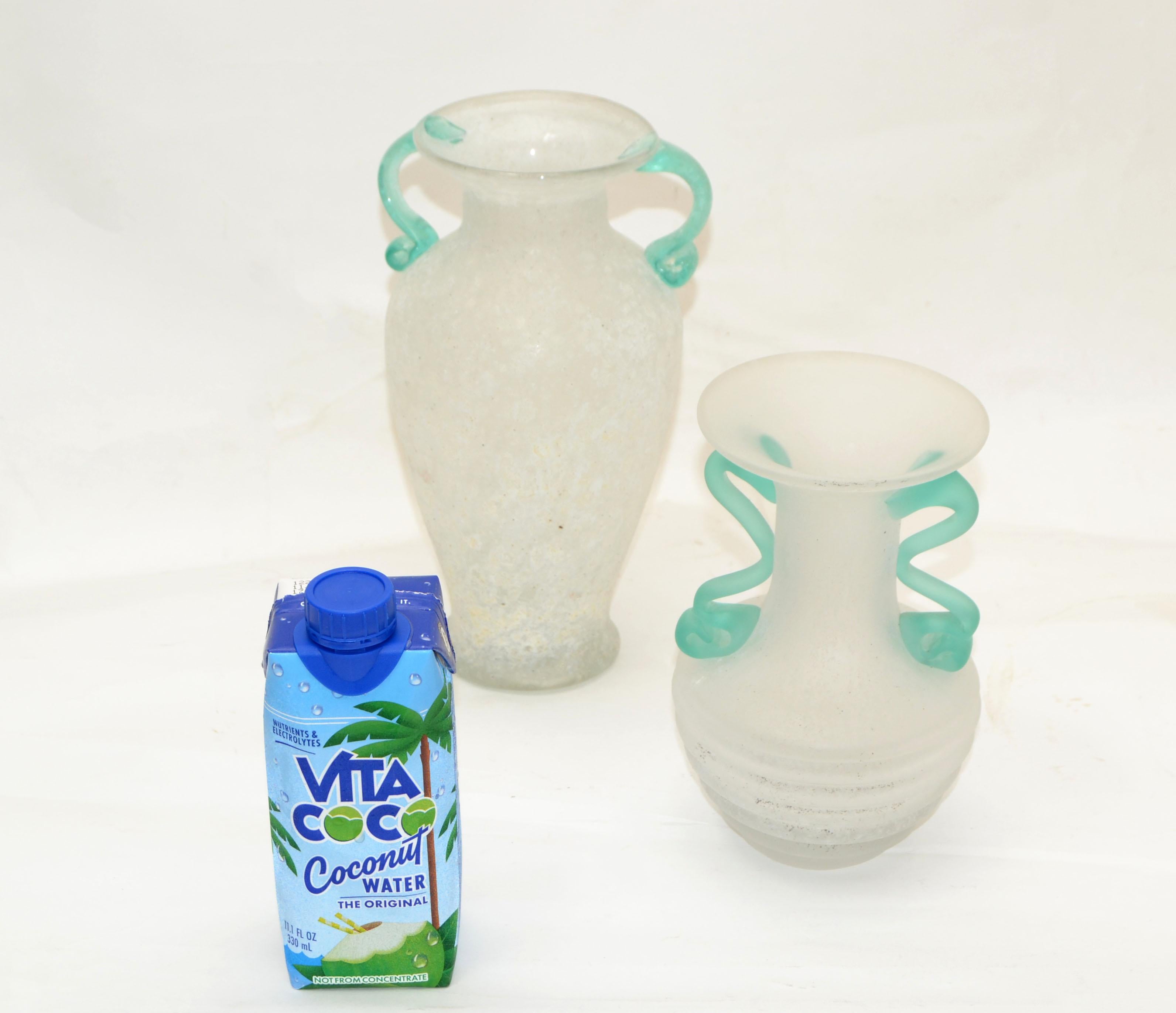 Set of 2 Italian White & Mint Green Scavo Glass Wheat Vases, Vessel, Italy 1980 For Sale 1