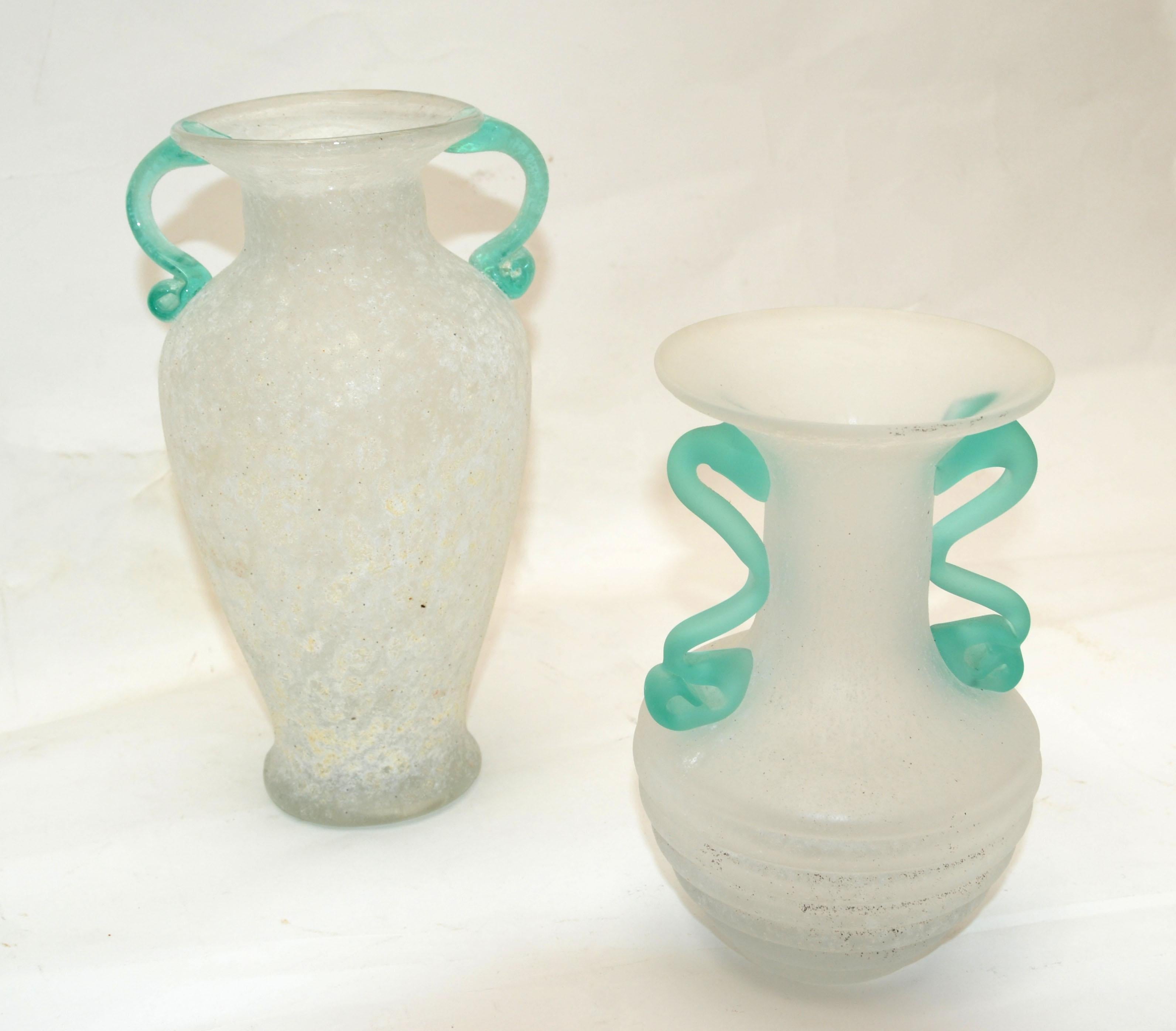 Set of 2 Italian White & Mint Green Scavo Glass Wheat Vases, Vessel, Italy 1980 For Sale 2