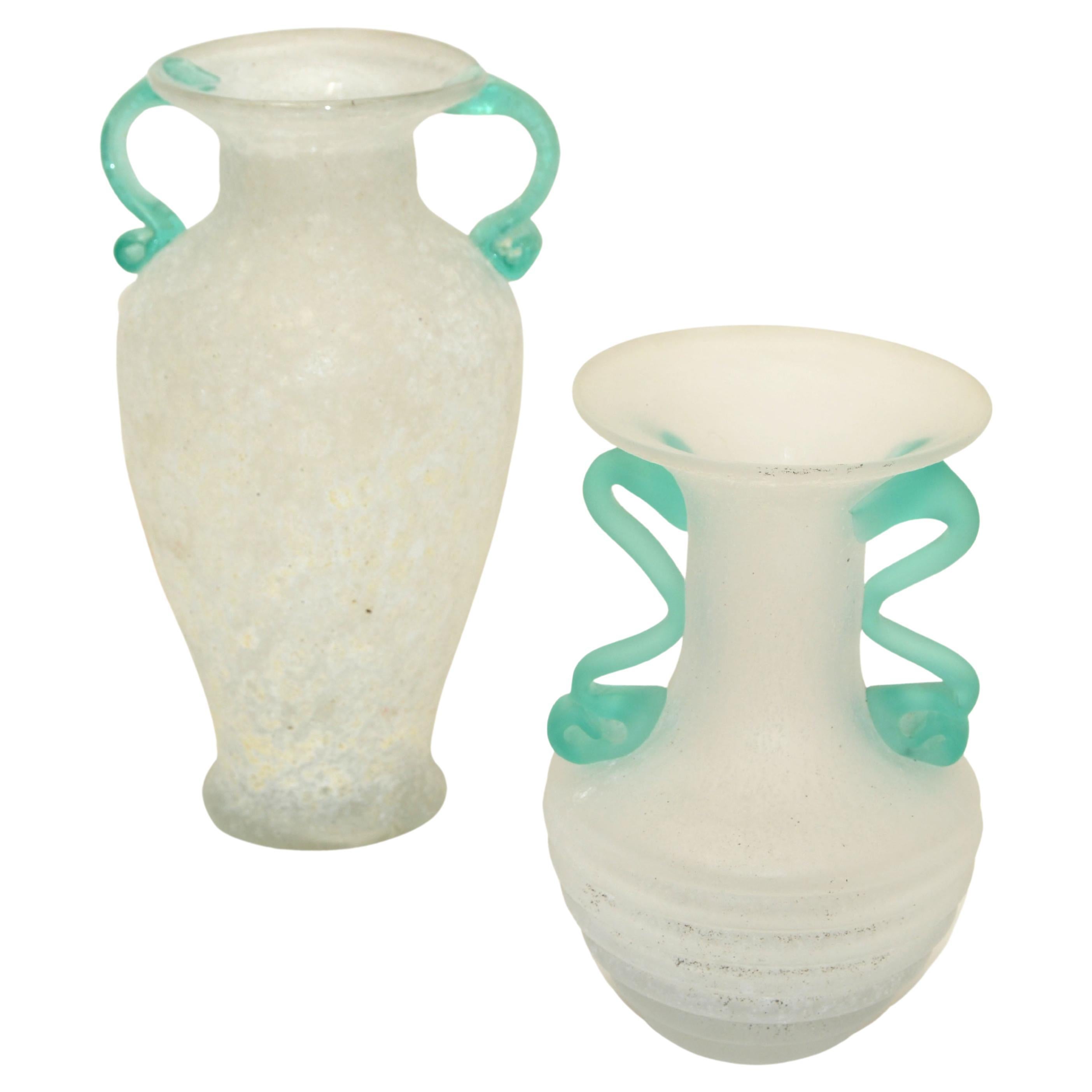 Set of 2 Italian White & Mint Green Scavo Glass Wheat Vases, Vessel, Italy 1980 For Sale