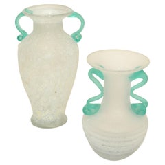 Set of 2 Italian White & Mint Green Scavo Glass Wheat Vases, Vessel, Italy 1980