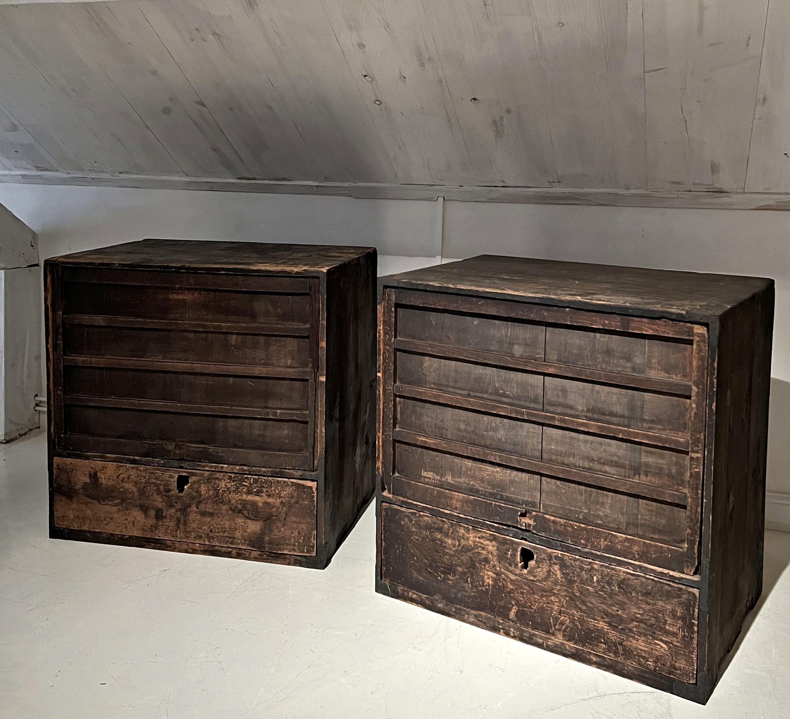Hand-Crafted Set of 2 japanese 19th century wabi tansu sideboards cabinets For Sale