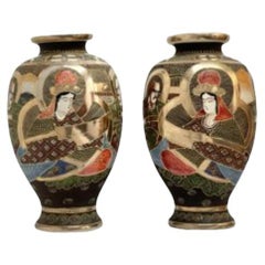 Set of 2 Japanese Satsuma Vases in Polychrome Painted Ceramic