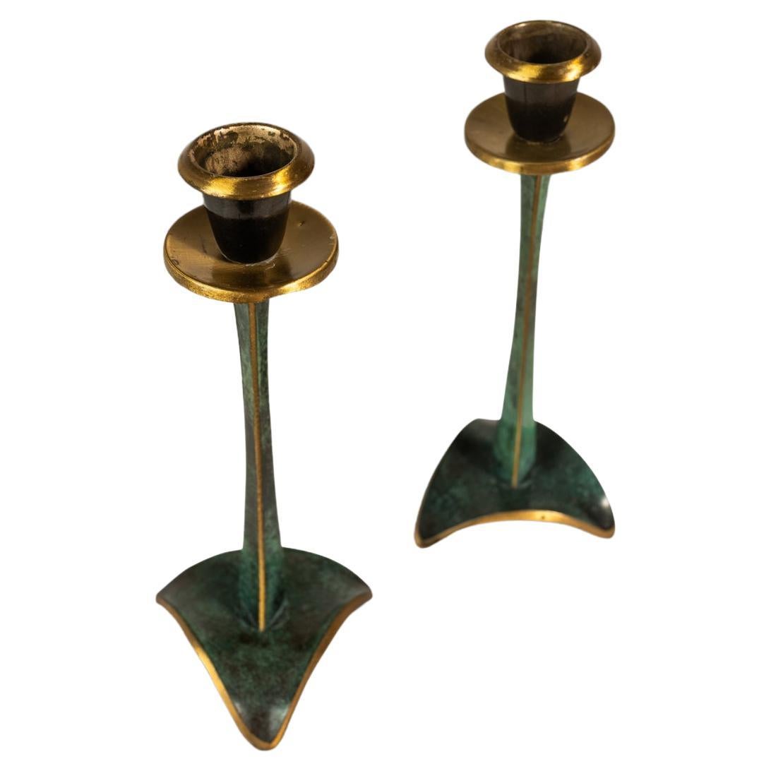Set of 2 Judaica Candlestick Holders in Brass by Oppenheim, Israel, c. 1985