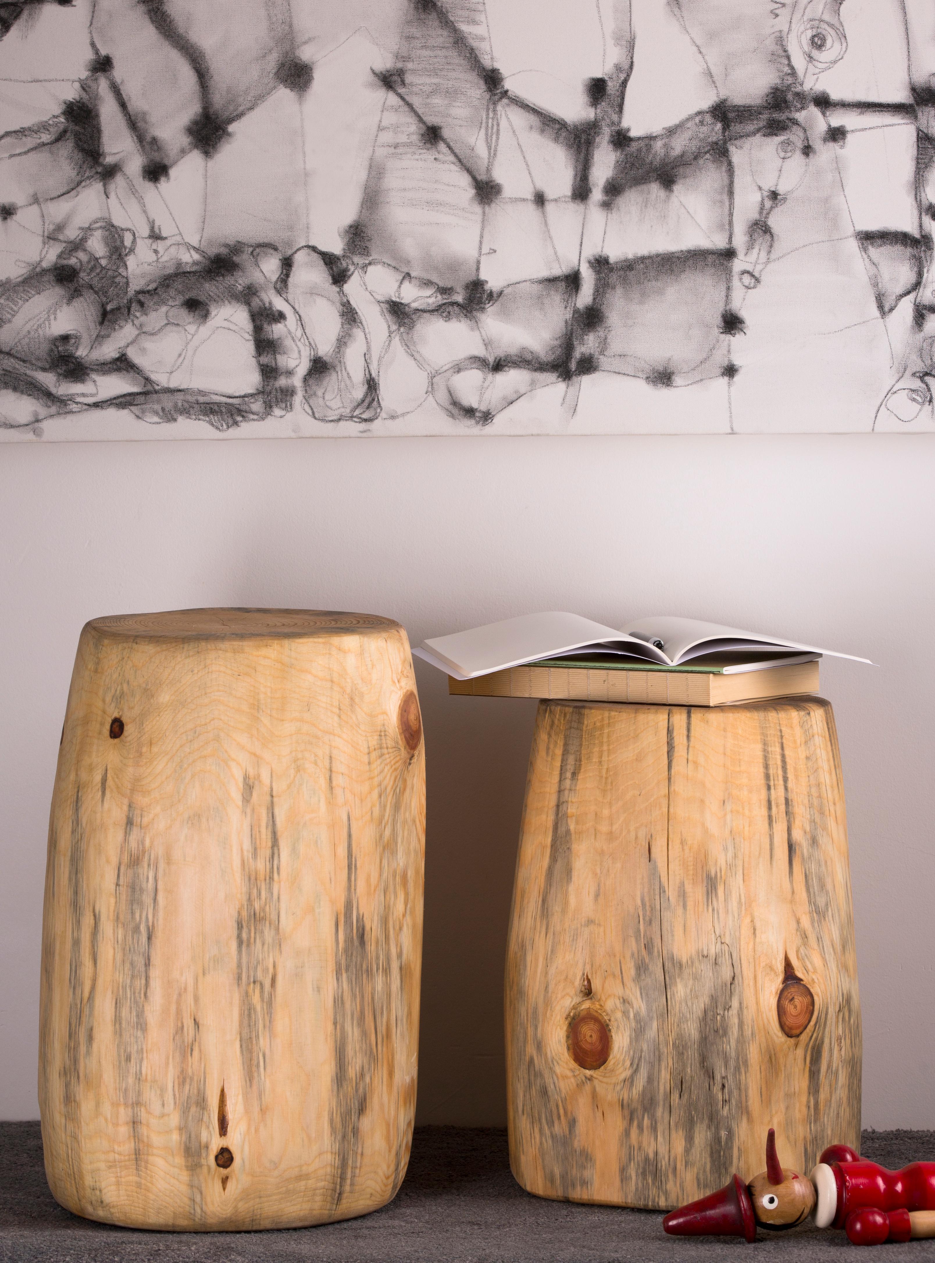 Set of 2 Kabuk coffee table by Rectangle Studio
Dimensions: 
W 27 x H 49 cm 
W 27 x H 38 cm 

Materials: Massive pinewood and natural wood oil

Kabuk is an alternative product with sculptural appearance which can be used as a coffee table and