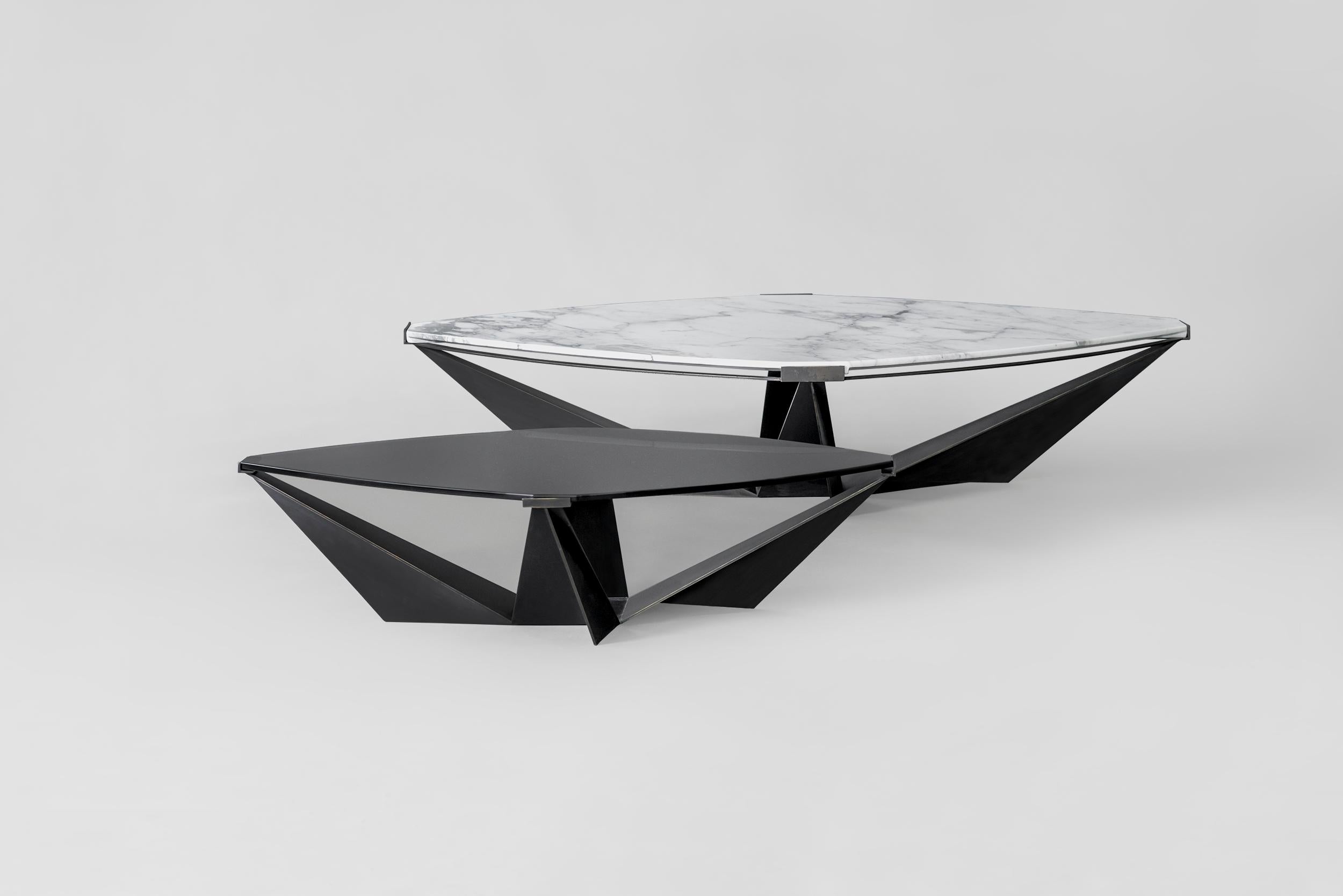 Set of 2 Kactus coffee table by Atra Design
Dimensions: D 49.7 x W 79.7 x H 20 cm / D 79.7 x W 119.8 x H 24.8 cm 
Materials: marble, glass, painted steel

The Kactis coffee table set comes with two angular tables. Each comes with marble or glass