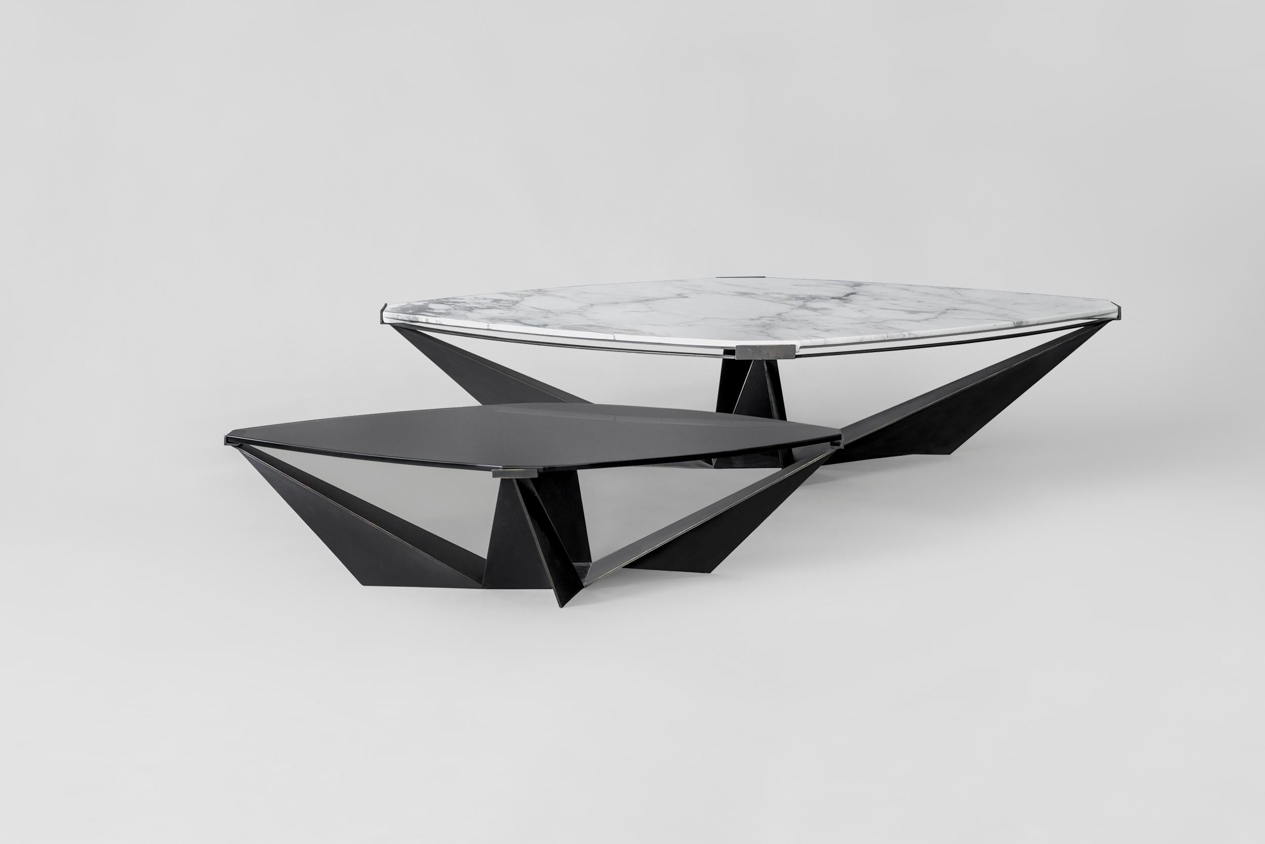 Set of 2 Kactus coffee table by Atra Design
Dimensions: D 49.7 x W 79.7 x H 20 cm / D 79.7 x W 119.8 x H 24.8 cm 
Materials: marble, glass, painted steel

The Kactis coffee table set comes with two angular tables. Each comes with marble or glass top