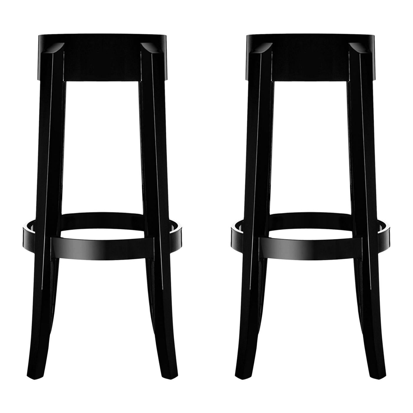 Set of 2 Kartell Charles Ghost Large Stools in Glossy Black by Philippe Starck