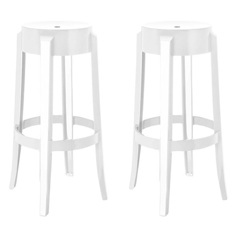 Set of 2 Kartell Charles Ghost Large Stools in Glossy White by Philippe Starck For Sale