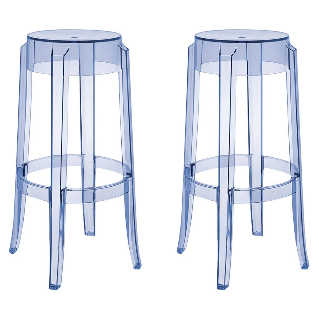 Set of 2 Kartell Charles Ghost Large Stools in Light Blue by Philippe Starck