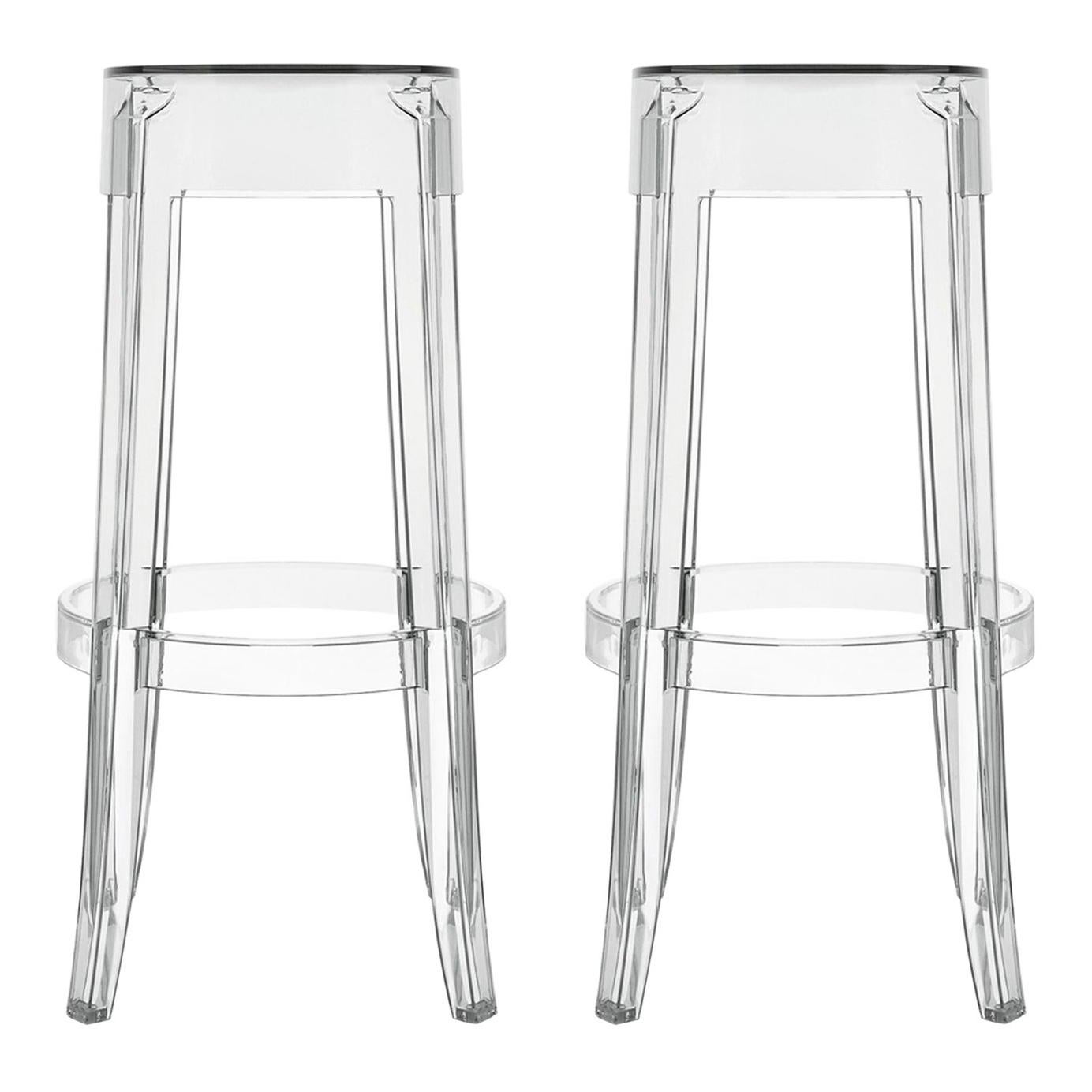 Set of 2 Kartell Charles Ghost Large Stools in Smoke Grey by Philippe Starck