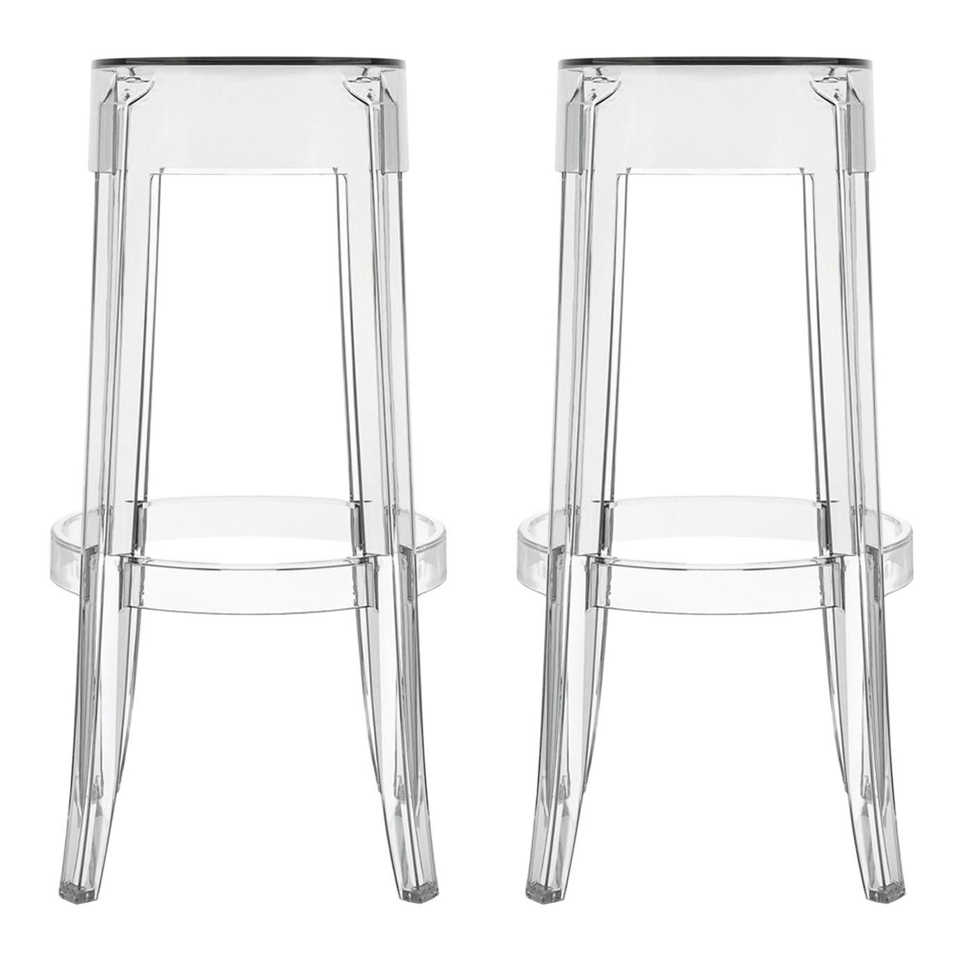 Ensemble de 2 grands tabourets Kartell Charles Ghost en gris fumé de Philippe Starck