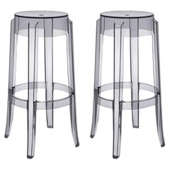 Set of 2 Kartell Charles Ghost Large Stools in Smoke Grey by Philippe Starck