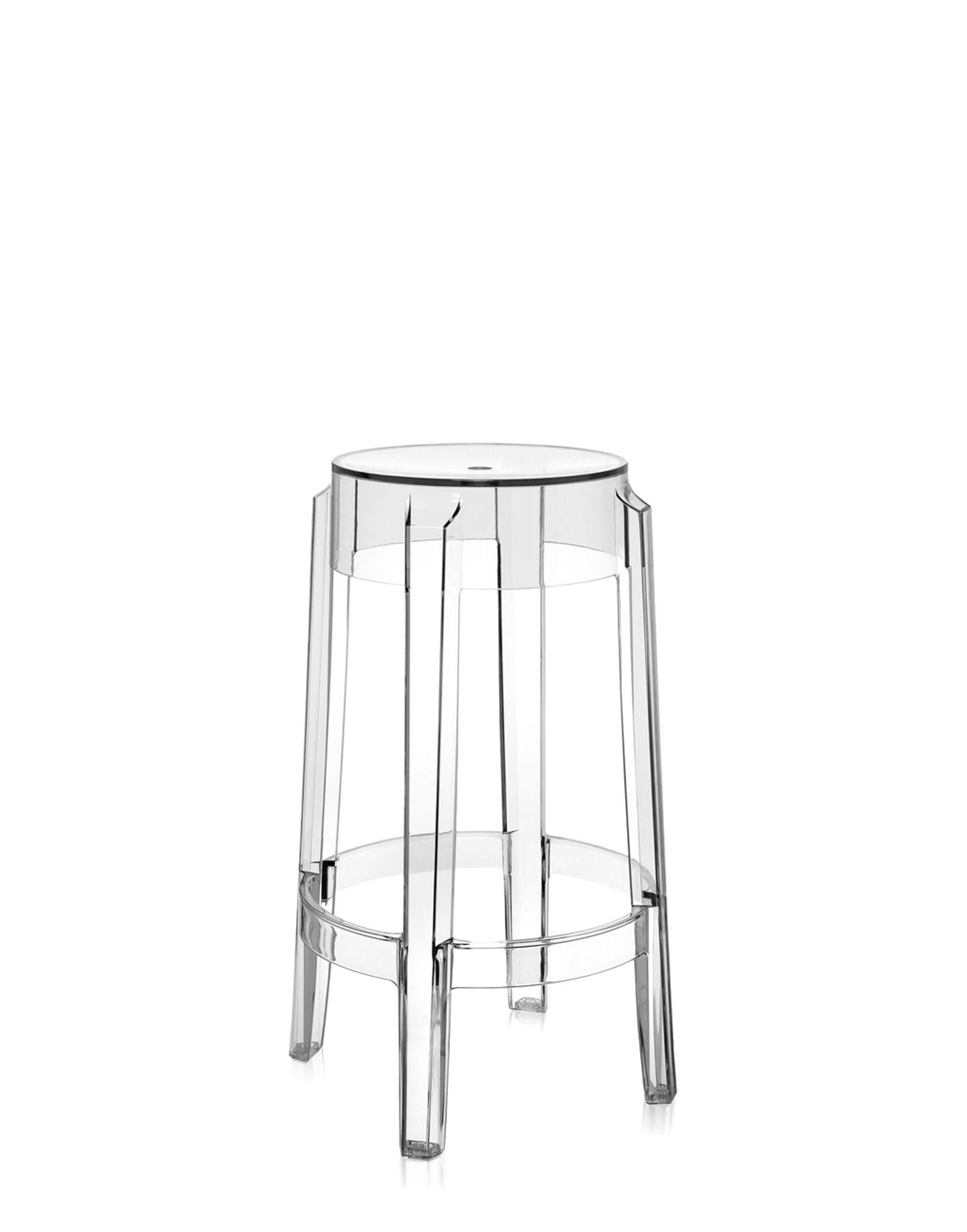 The shape conjures up stools of the 1800s and the line of the legs is rounded and slightly upturned, an icon of the classic high stool. Charles Ghost is constructed from a single block of transparent polycarbonate which makes it indestructible and