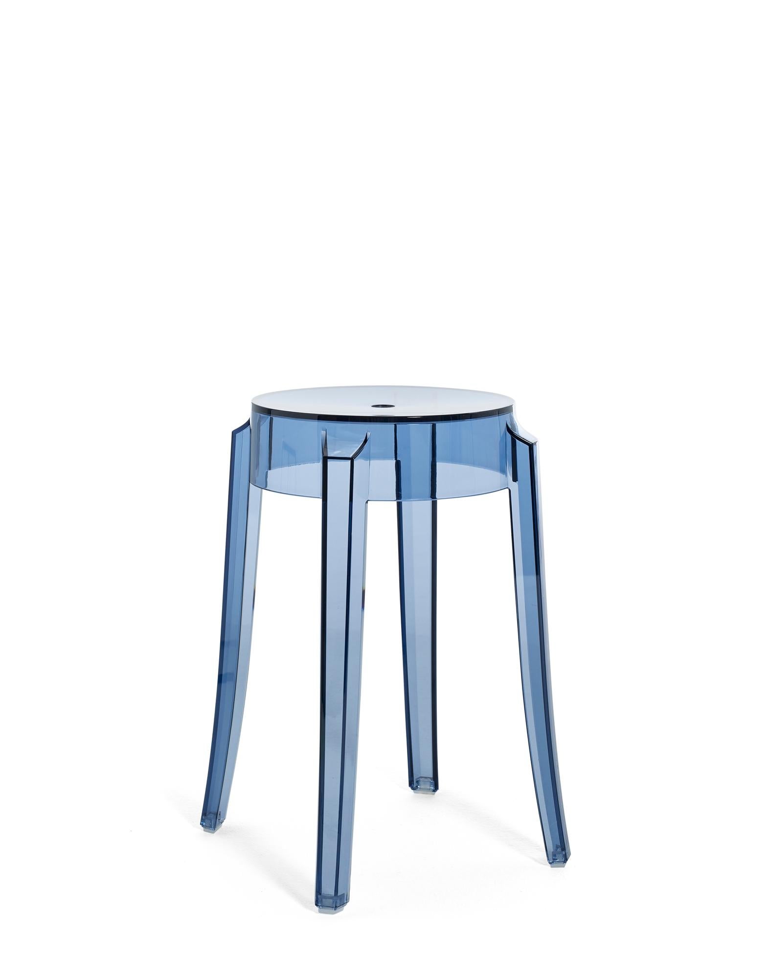 Crystal Set of 2 Kartell Charles Ghost Small Stools in Glossy Black by Philippe Starck For Sale