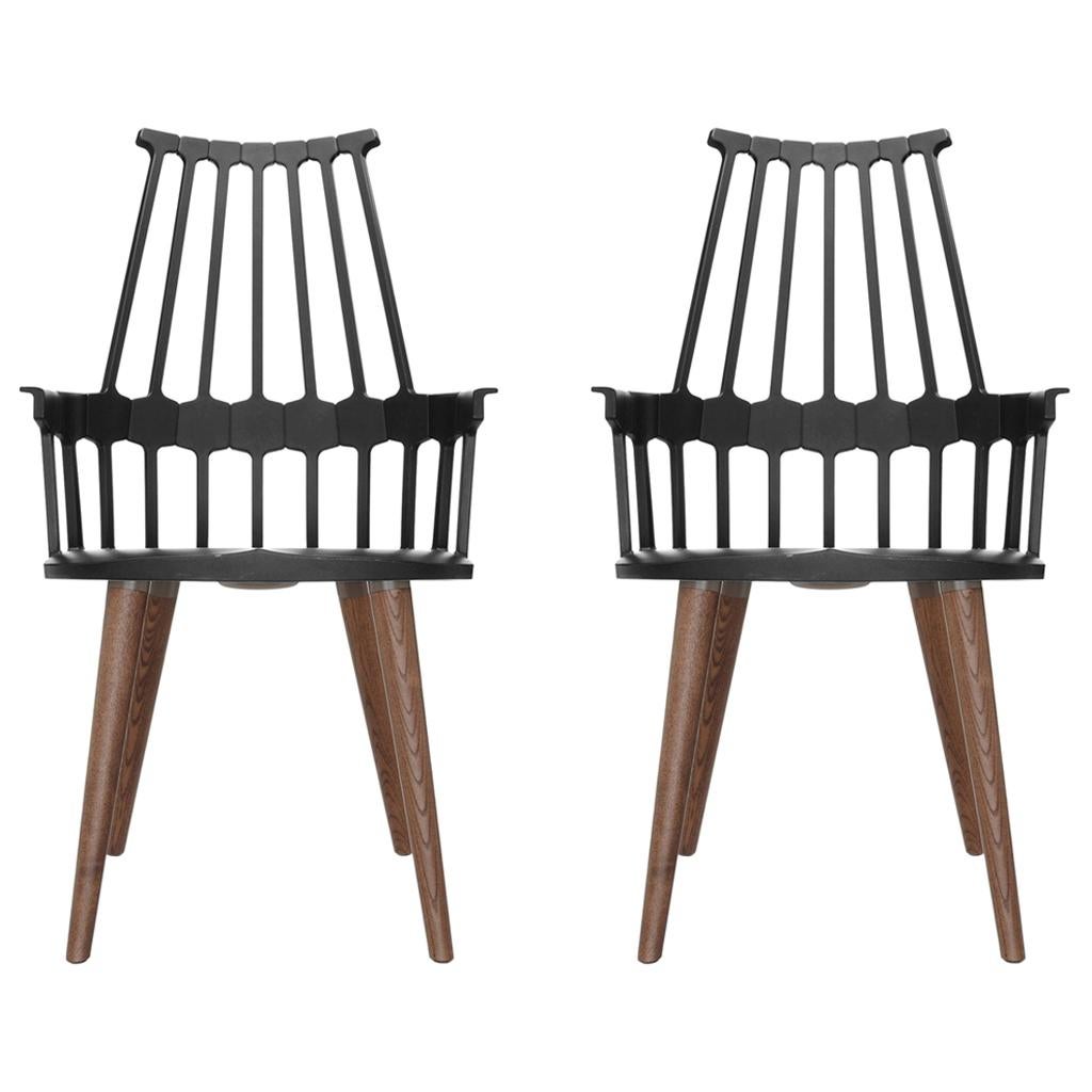 Set of 2 Kartell Comback Chairs in Black with Oak Legs by Patricia Urquiola